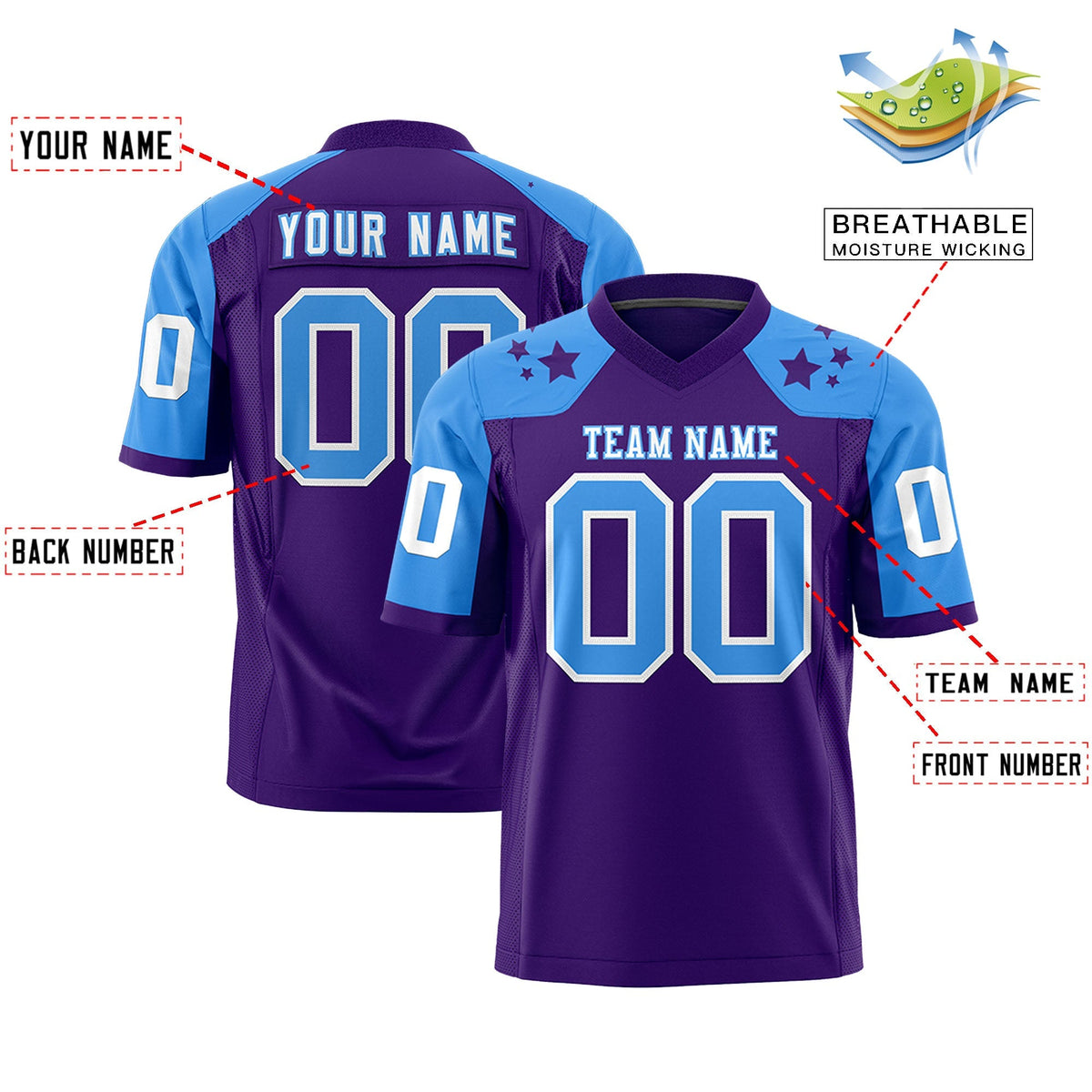 Custom Purple Powder Blue Personalized Shoulder Star Pattern Authentic American Football Jersey