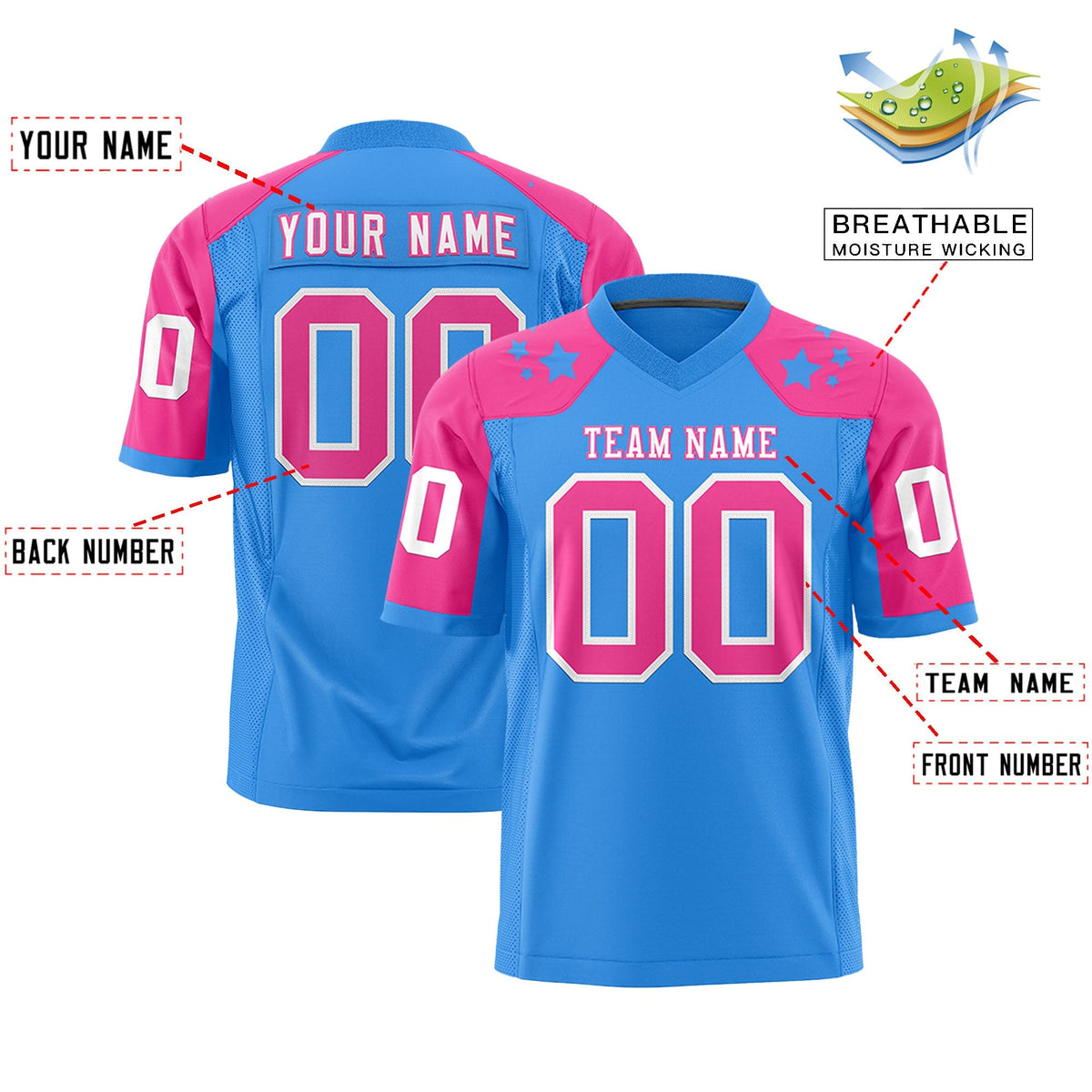 Custom Powder Blue Pink Personalized Shoulder Star Pattern Authentic American Football Jersey