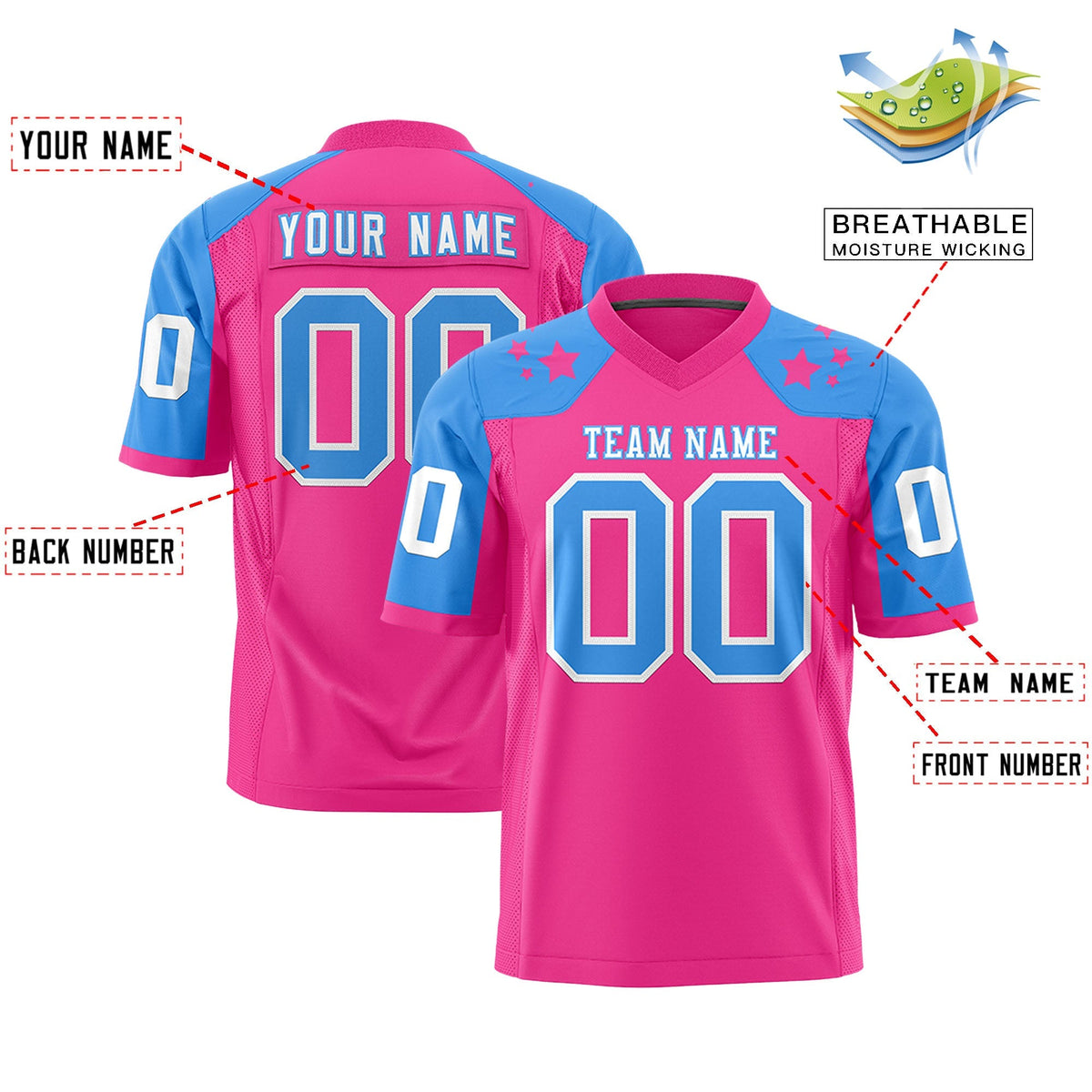 Custom Pink Powder Blue Personalized Shoulder Star Pattern Authentic American Football Jersey