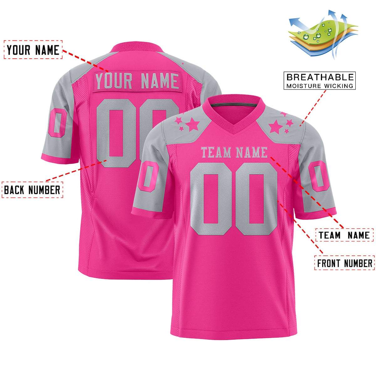 Custom Pink Gray Personalized Shoulder Star Pattern Authentic American Football Jersey