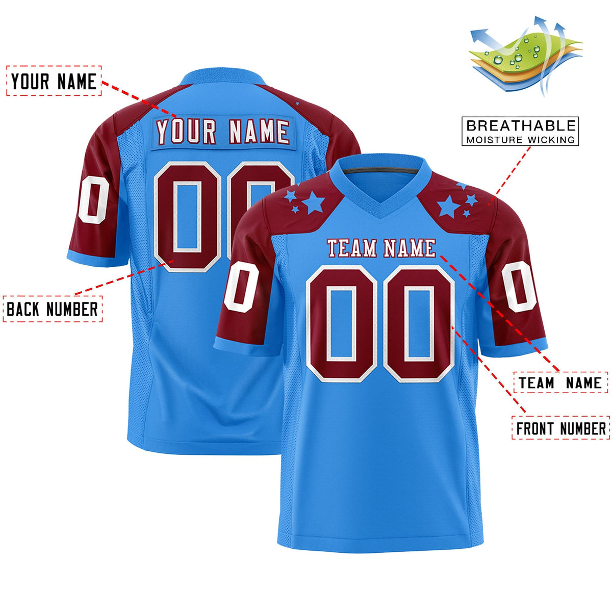 Custom Powder Blue Crimson Personalized Shoulder Star Pattern Authentic American Football Jersey