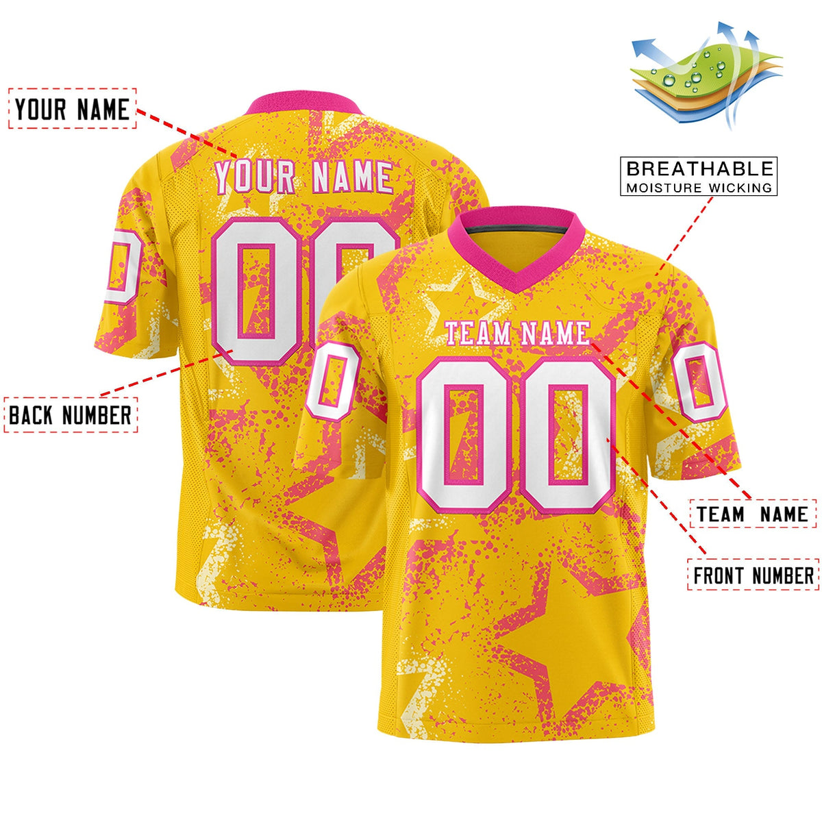 Custom Gold Pink-White Personalized Star Graffiti Pattern Authentic Football Jersey