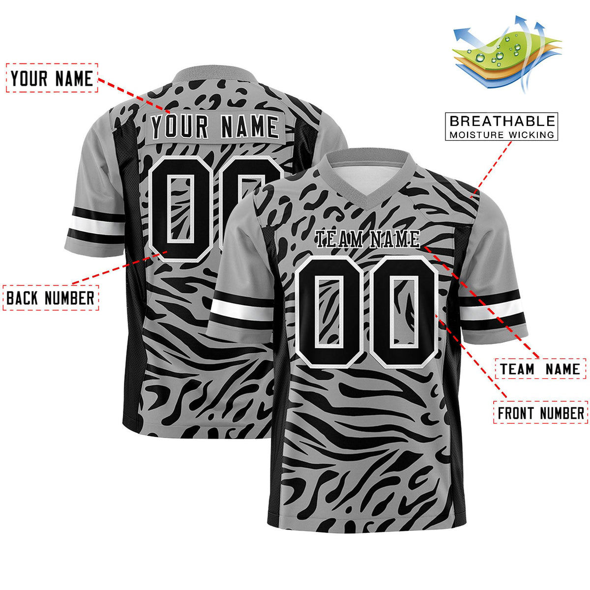 Custom Gray Black Personalized Zebra Stripes Pattern Authentic Football Jersey