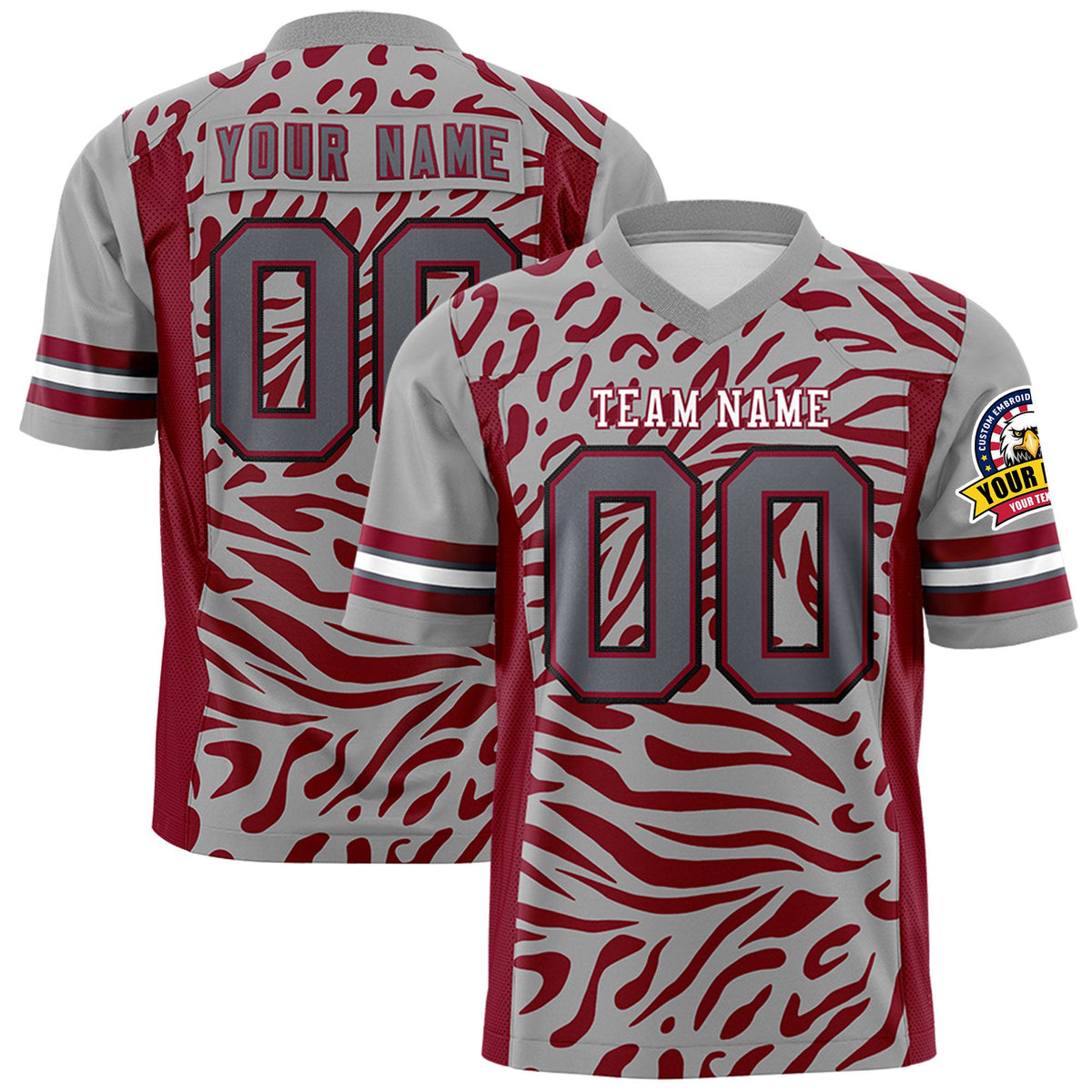 Custom Gray Crimson Personalized Zebra Stripes Pattern Authentic Football Jersey