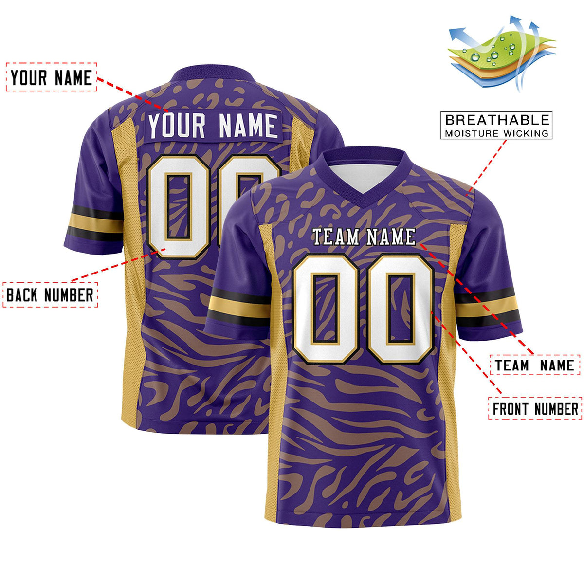 Custom Purple Khaki Personalized Zebra Stripes Pattern Authentic Football Jersey