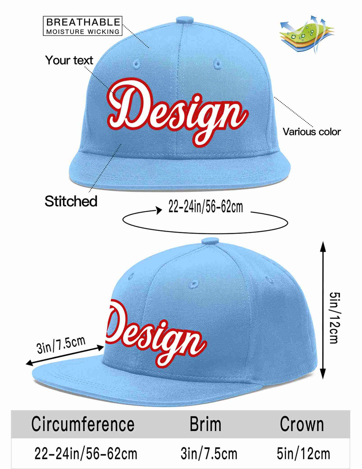 Custom Light Blue White-Red 3D Puff Embroidery Flat Eaves Sport Baseball Cap Design for Men/Women/Youth