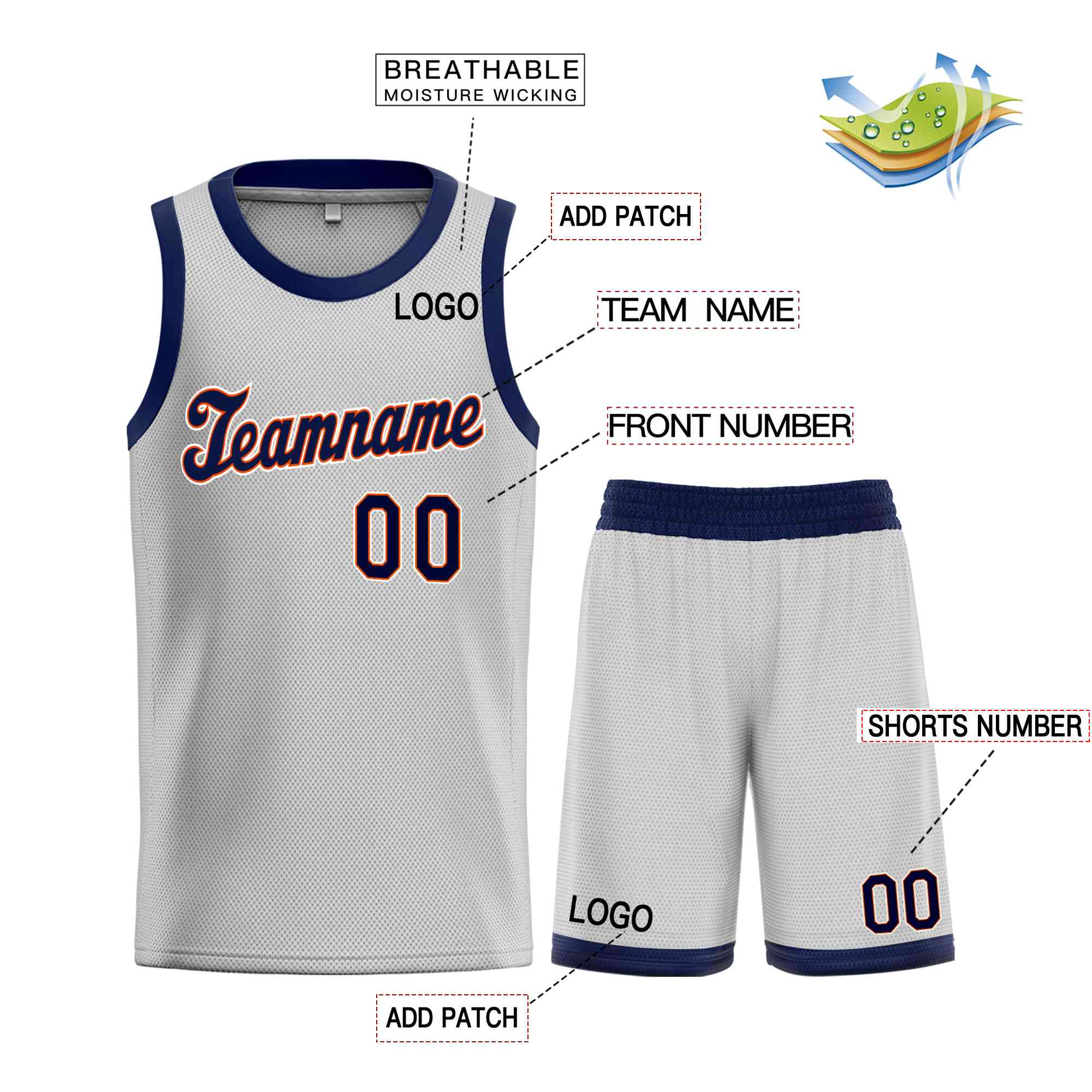Custom Gray Navy-Orange Classic Sets Sports Uniform Basketball Jersey