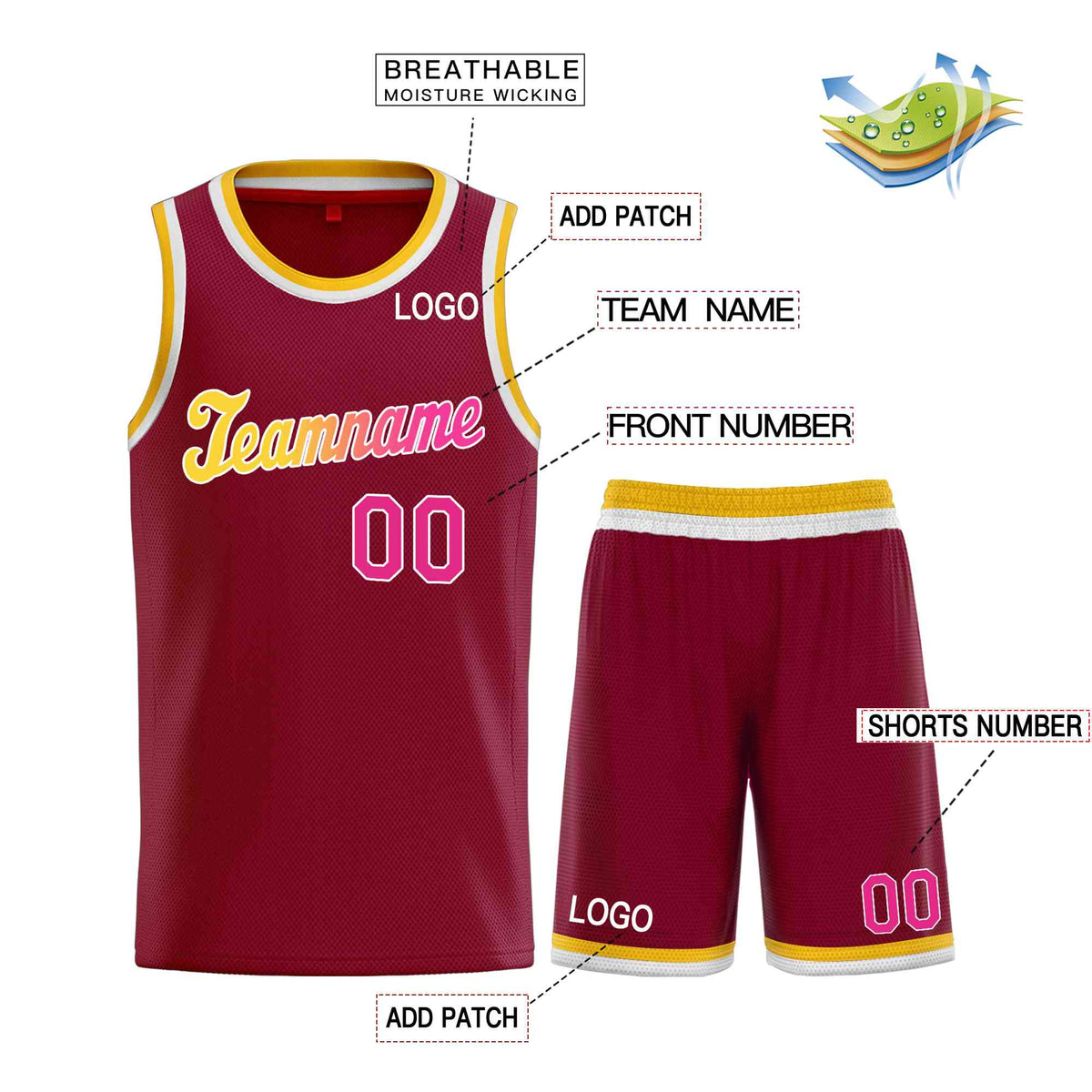 Custom Maroon Yellow-White Classic Sets Sports Uniform Basketball Jersey