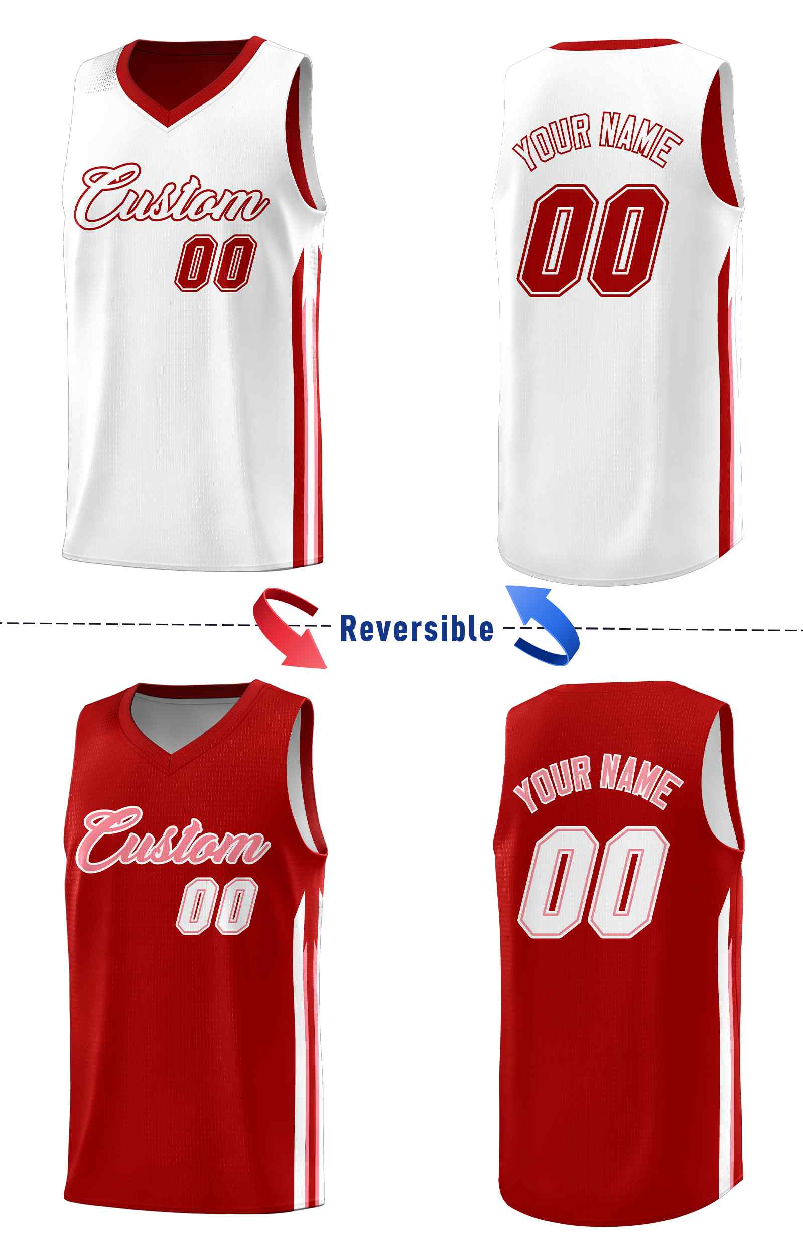 Custom Red White Double Side Sets Men Basketball Jersey