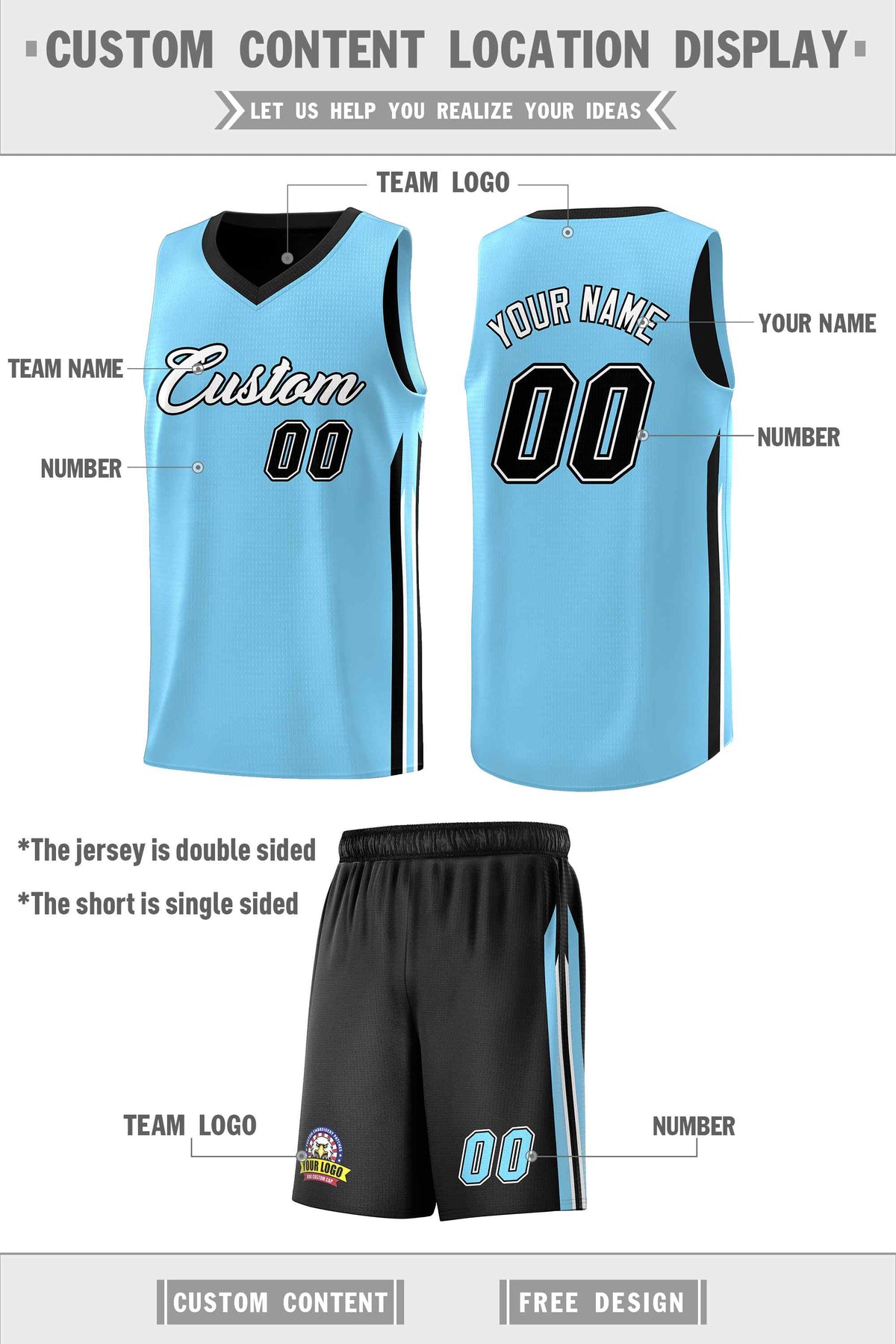 Custom Black Light Blue Double Side Sets Men Basketball Jersey