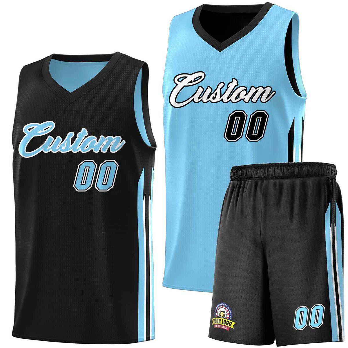 Custom Black Light Blue Double Side Sets Men Basketball Jersey