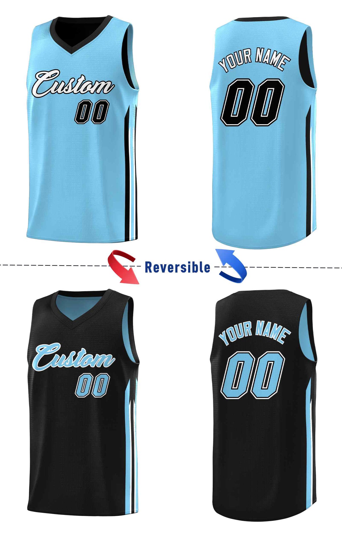 Custom Black Light Blue Double Side Sets Men Basketball Jersey