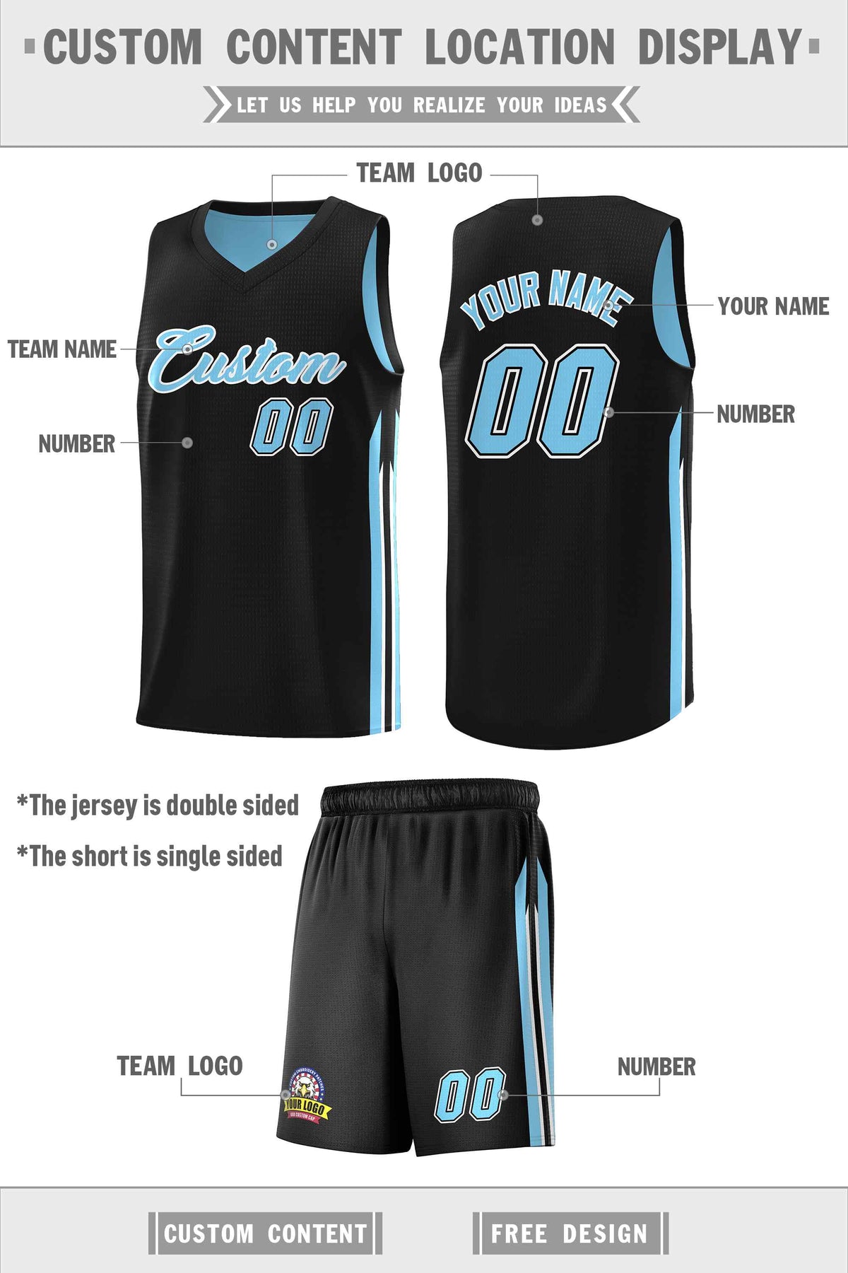 Custom Black Light Blue Double Side Sets Men Basketball Jersey