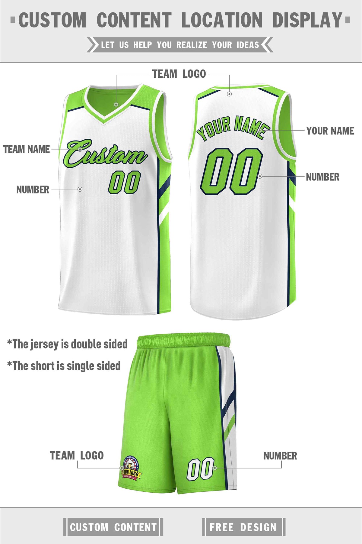 Custom Neon Green White Double Side Sets Men Basketball Jersey