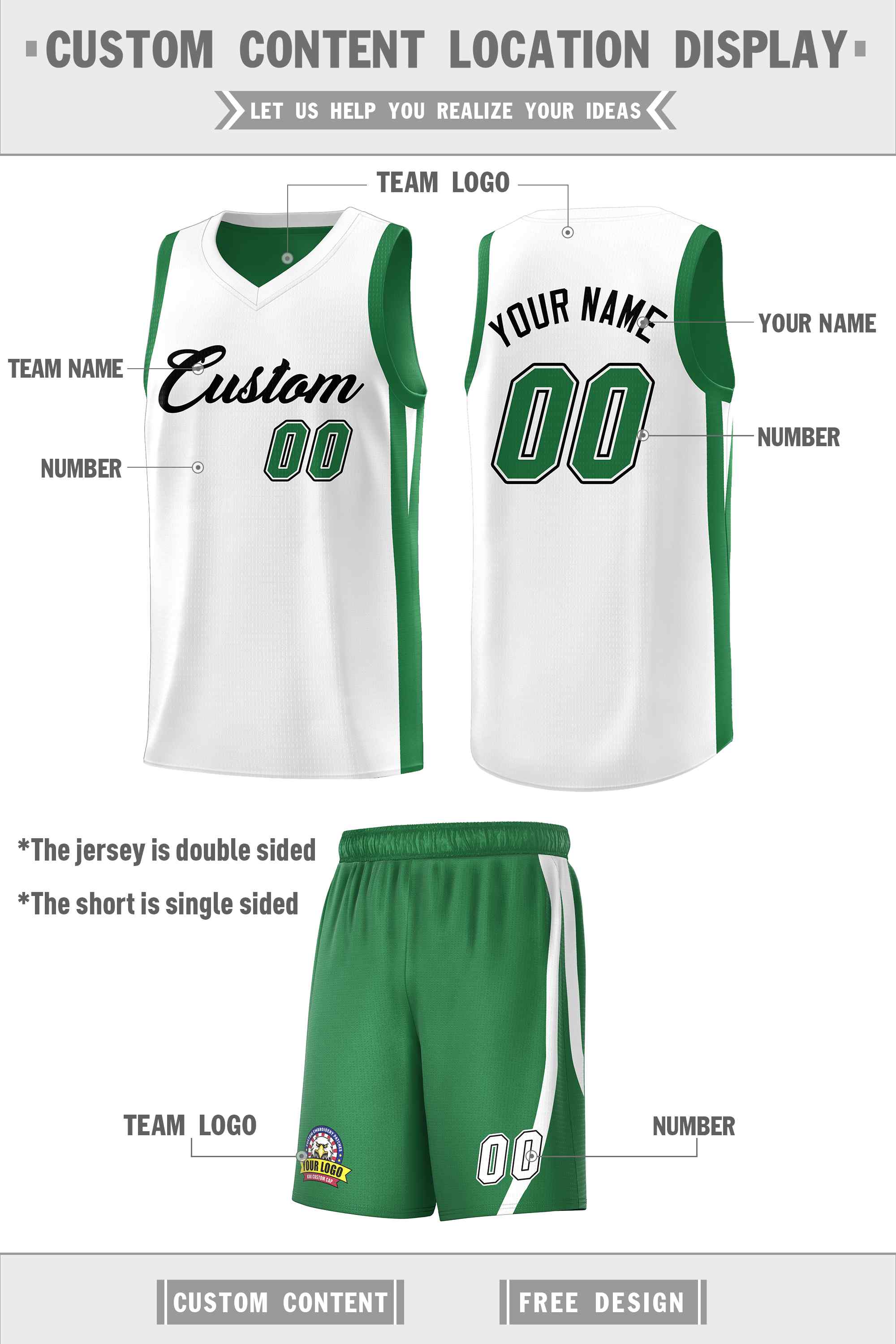 Custom Green White-Black Double Side Sets Men Basketball Jersey