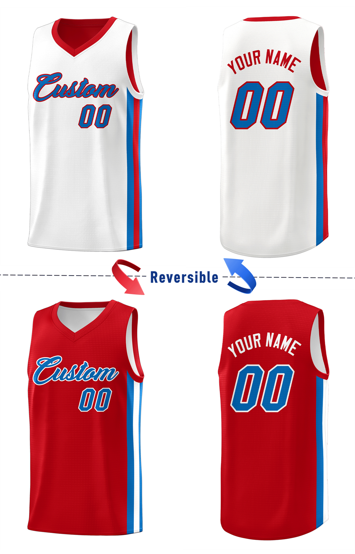Custom Red White Double Side Tops Basketball Jersey