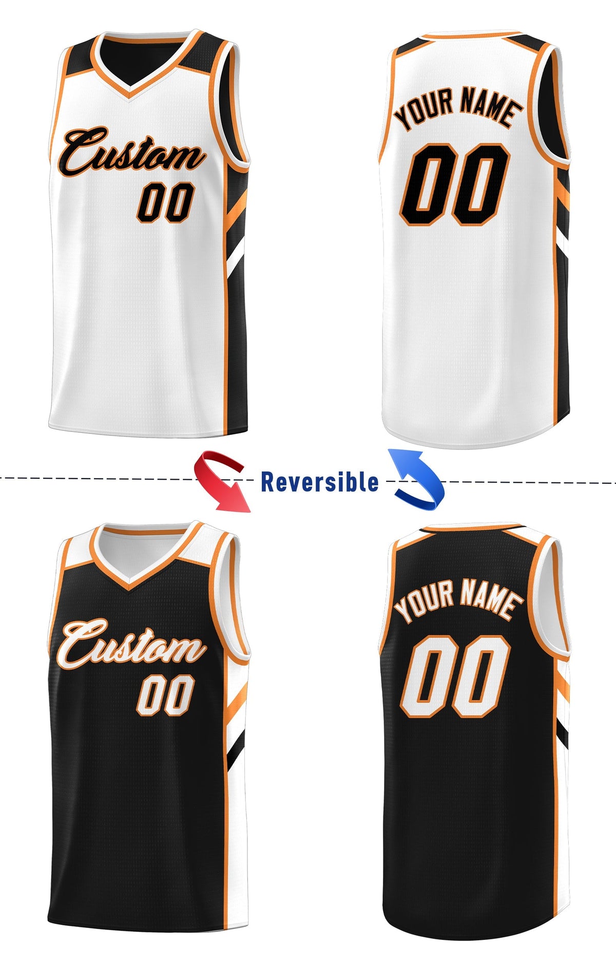 Custom Reversible Black White-Orange Basketball Jersey