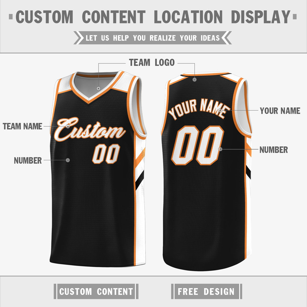 Custom Reversible Black White-Orange Basketball Jersey