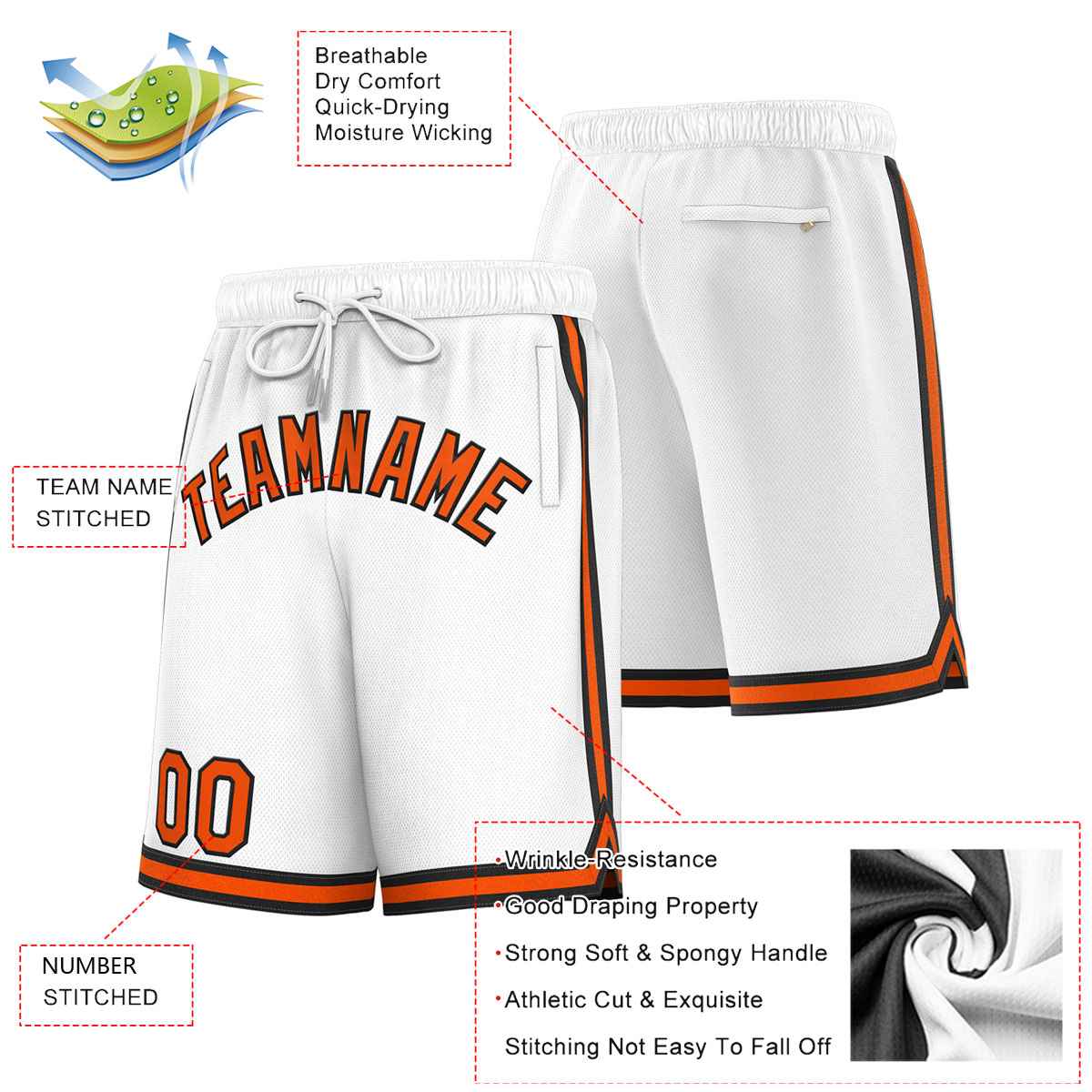 Custom White Orange-Black Sport Basketball Shorts