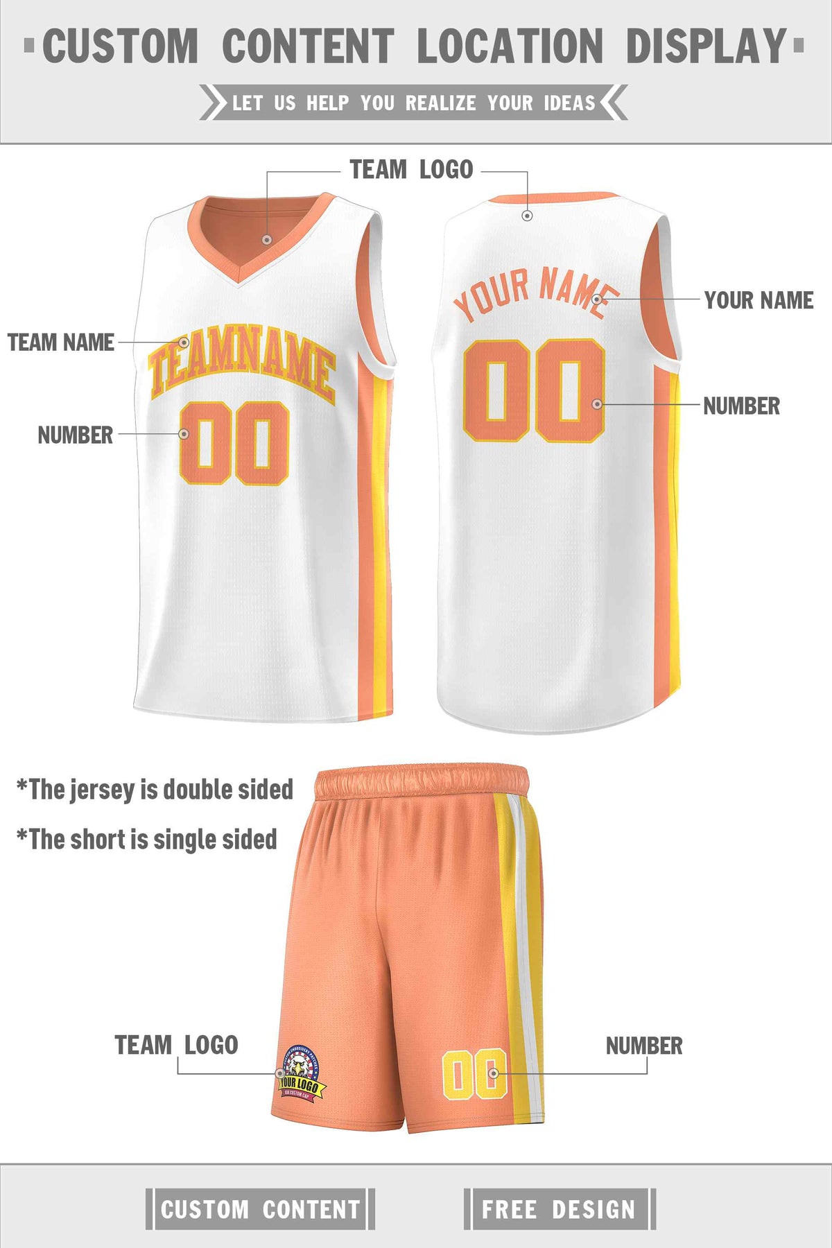 Custom White Orange-Yellow Double Side Sets Men Basketball Jersey