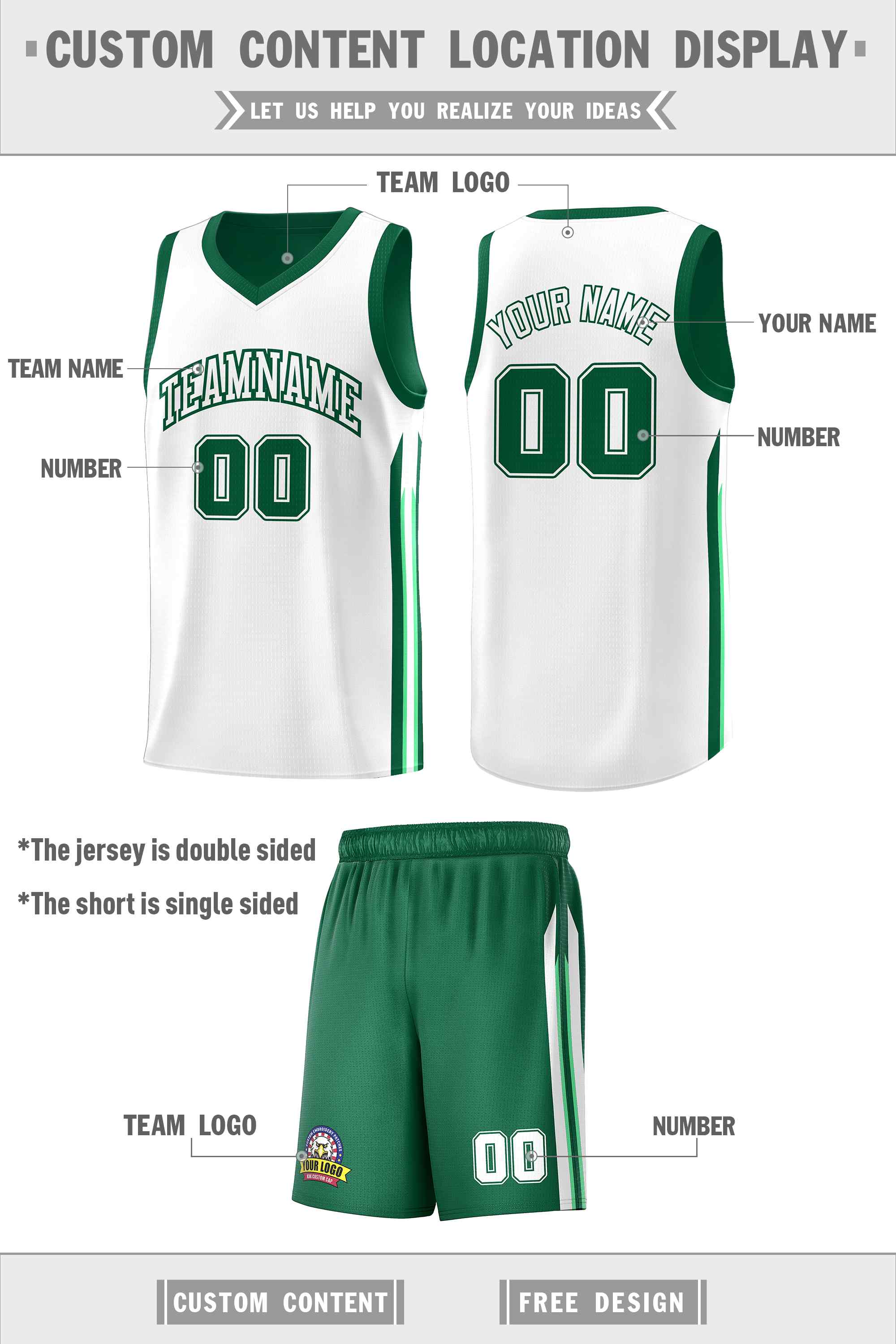 Custom Green White Double Side Sets Men Basketball Jersey