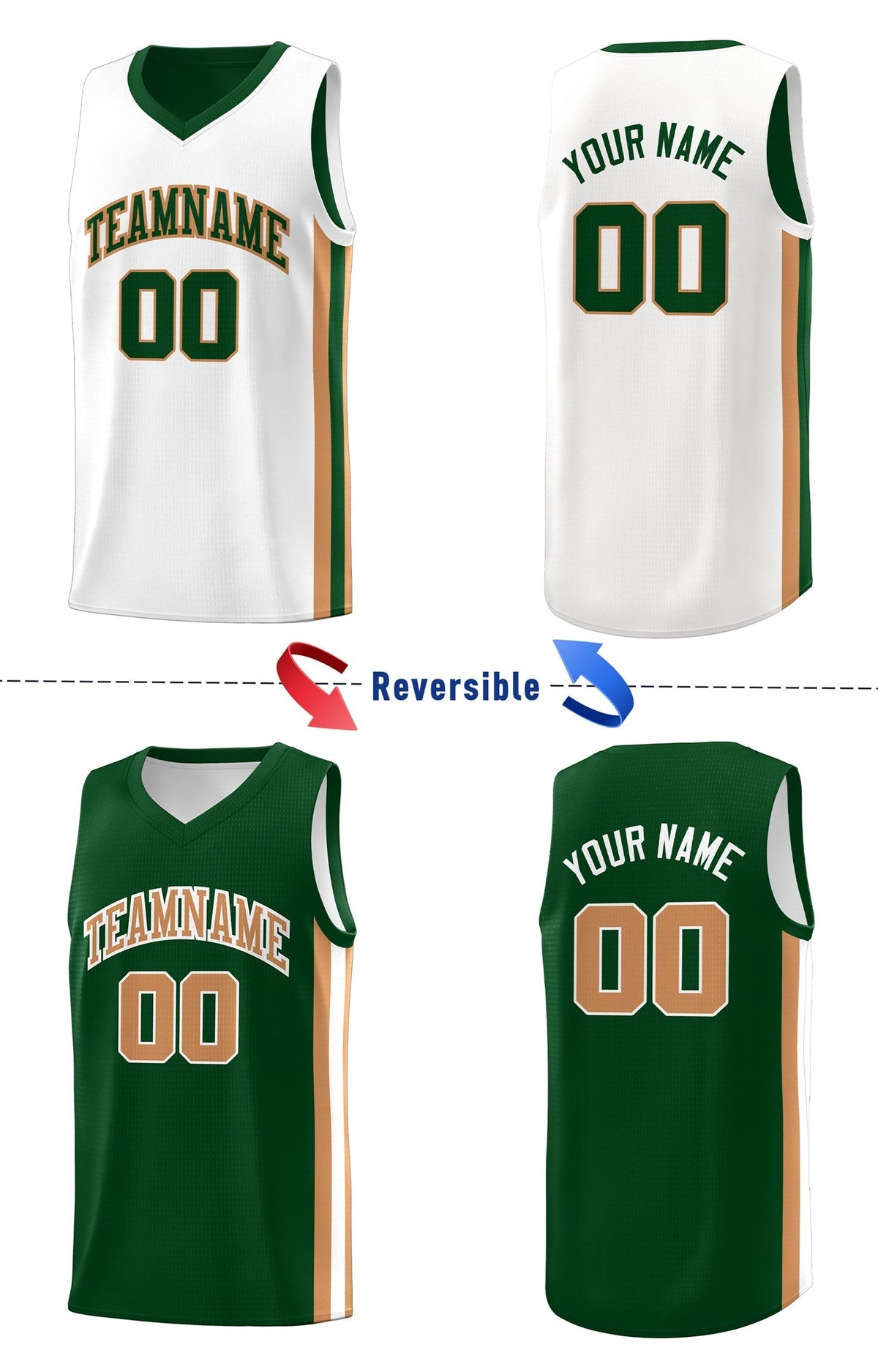 Custom Green White-Khaki Double Side Tops Basketball Jersey
