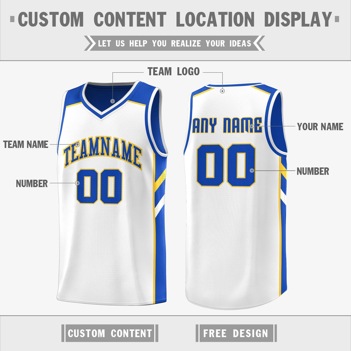 Custom Royal White-Yellow Double Side Tops Fashion Basketball Jersey