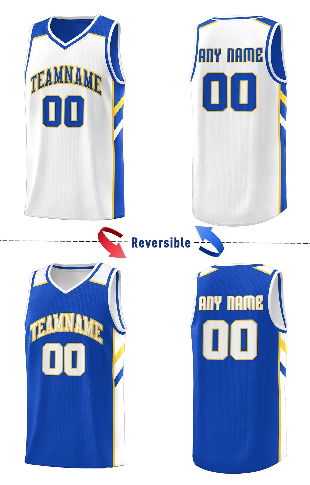 Custom Royal White-Yellow Double Side Tops Fashion Basketball Jersey