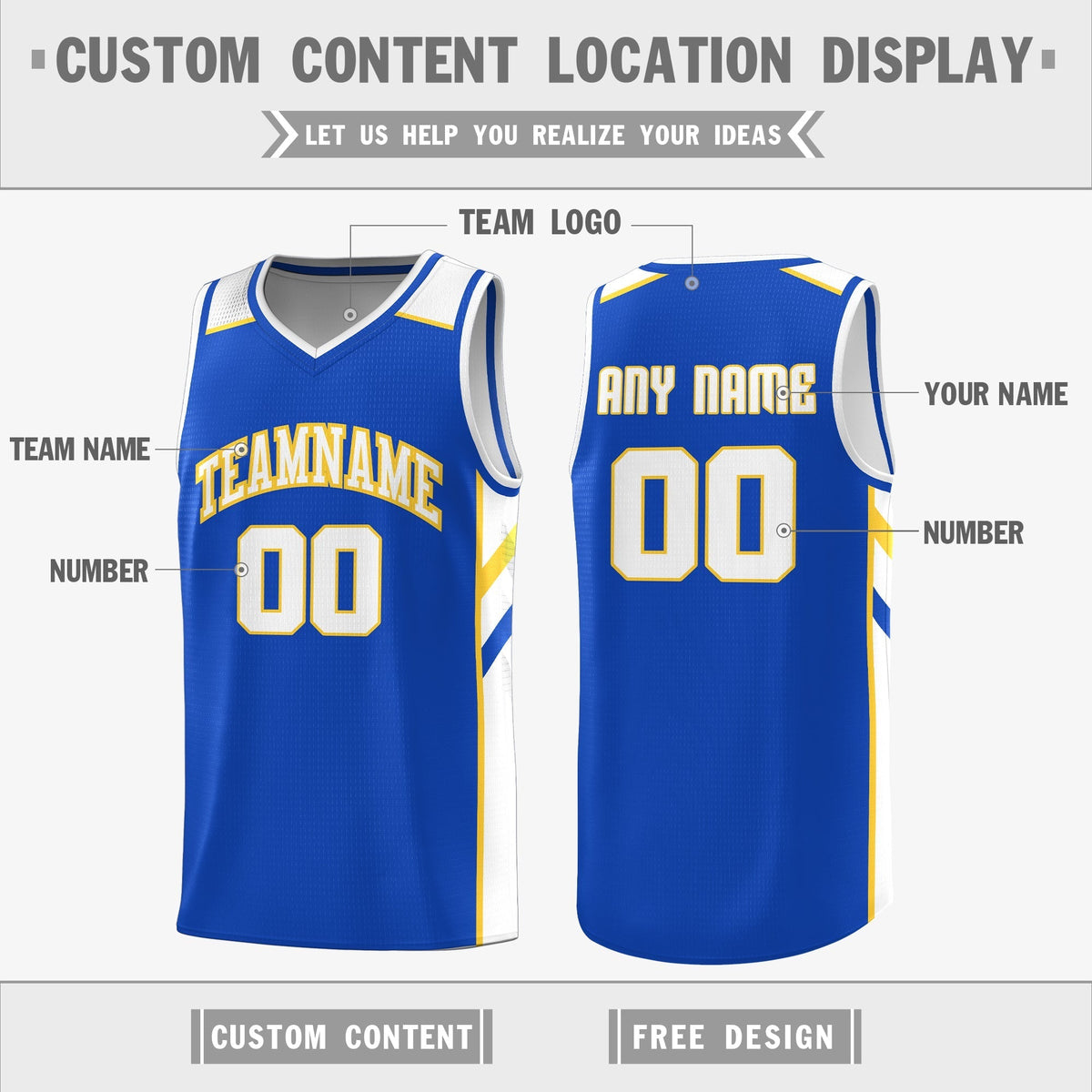 Custom Royal White-Yellow Double Side Tops Fashion Basketball Jersey
