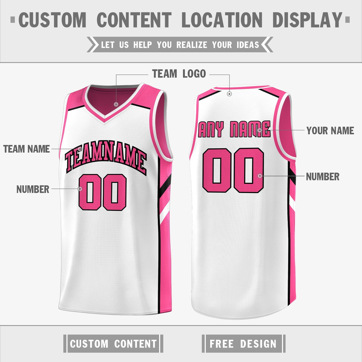 Custom Pink White Double Side Tops Training Basketball Jersey