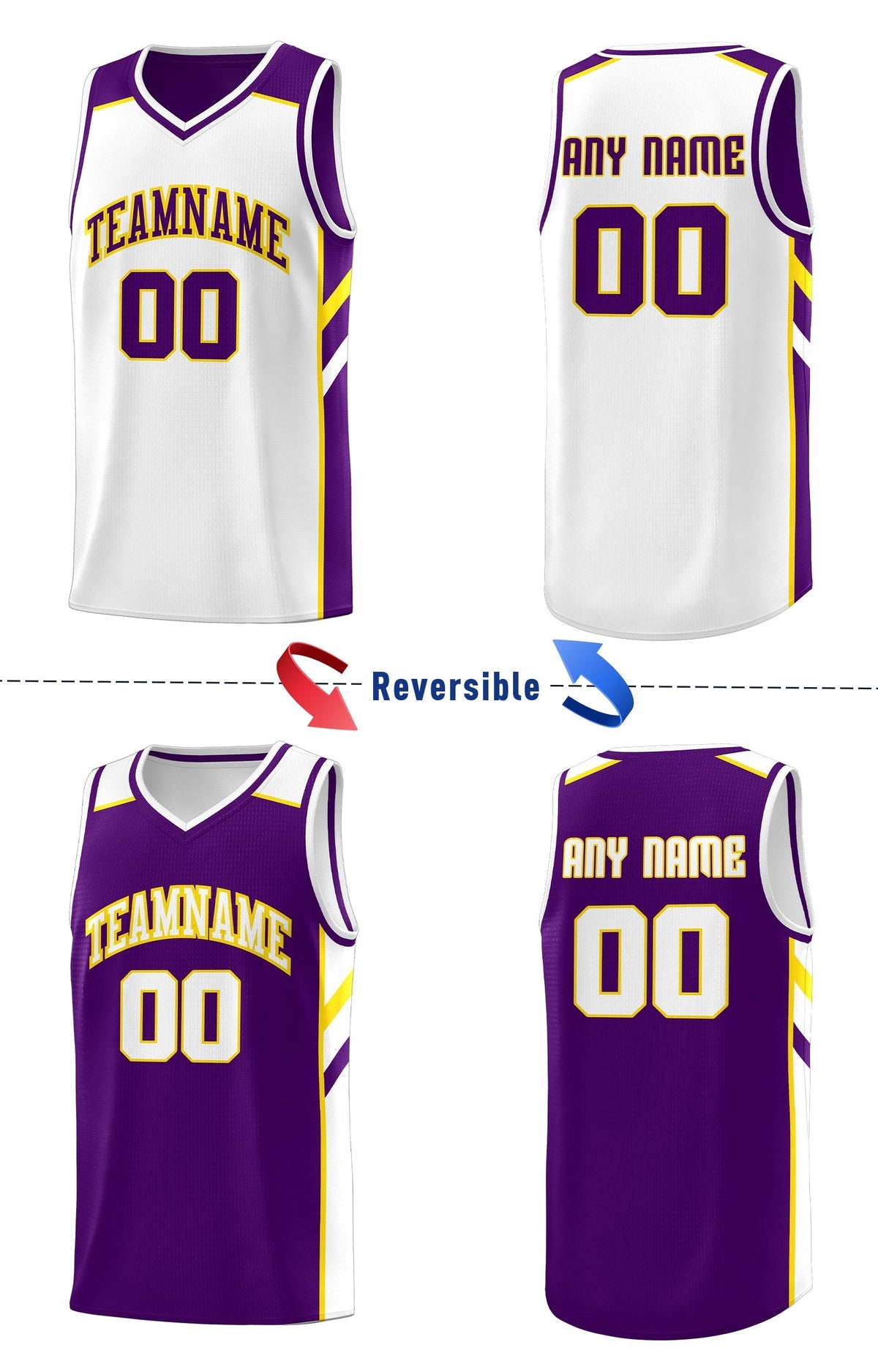 Custom Purple White-Yellow Double Side Tops Casual Basketball Jersey