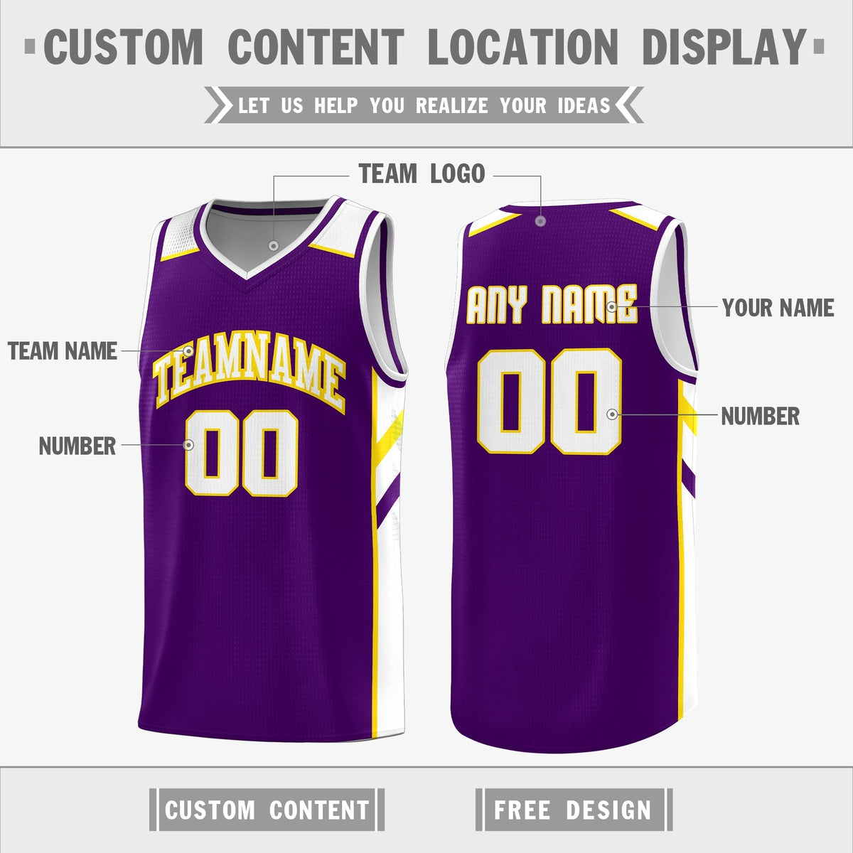 Custom Purple White-Yellow Double Side Tops Casual Basketball Jersey