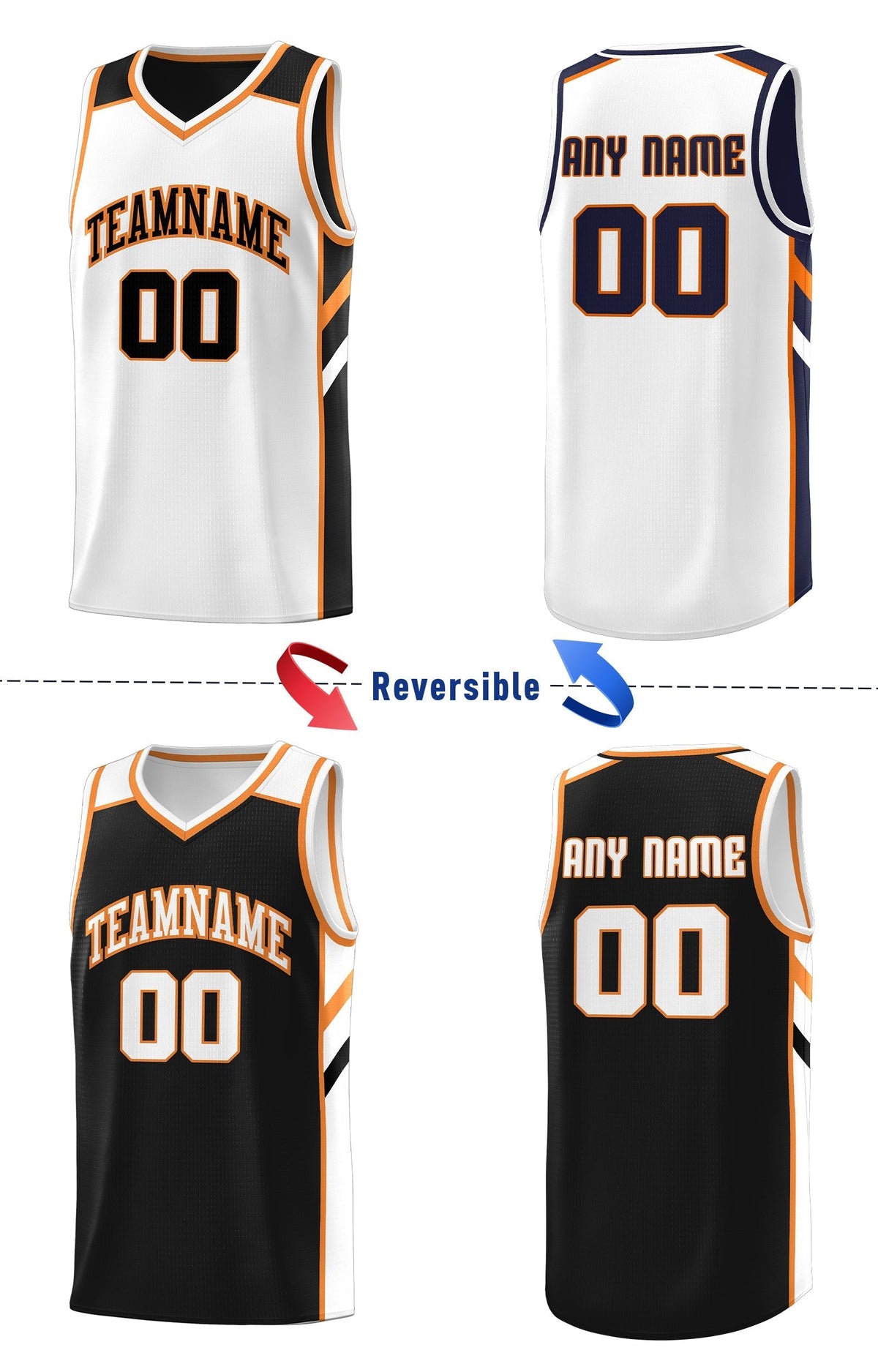 Custom Reversible Black White-Orange Basketball Jersey