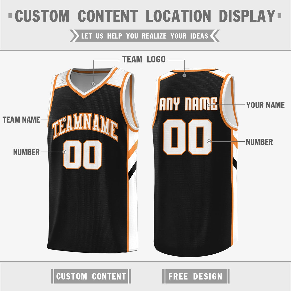 Custom Reversible Black White-Orange Basketball Jersey