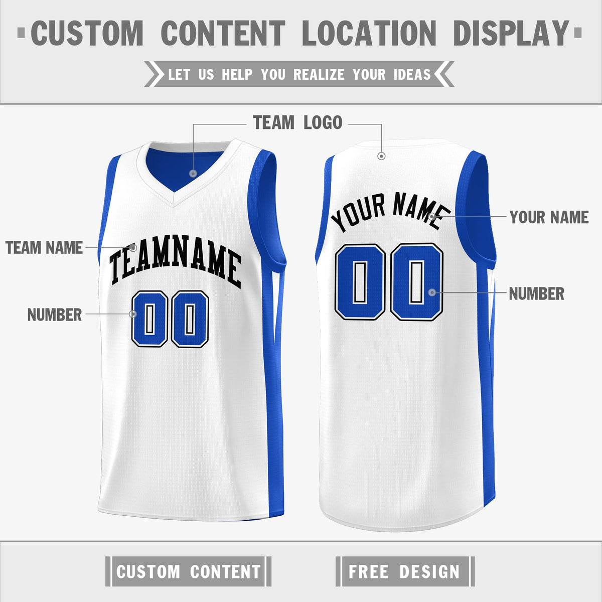 Custom Royal White Double Side Tops Athletic Basketball Jersey