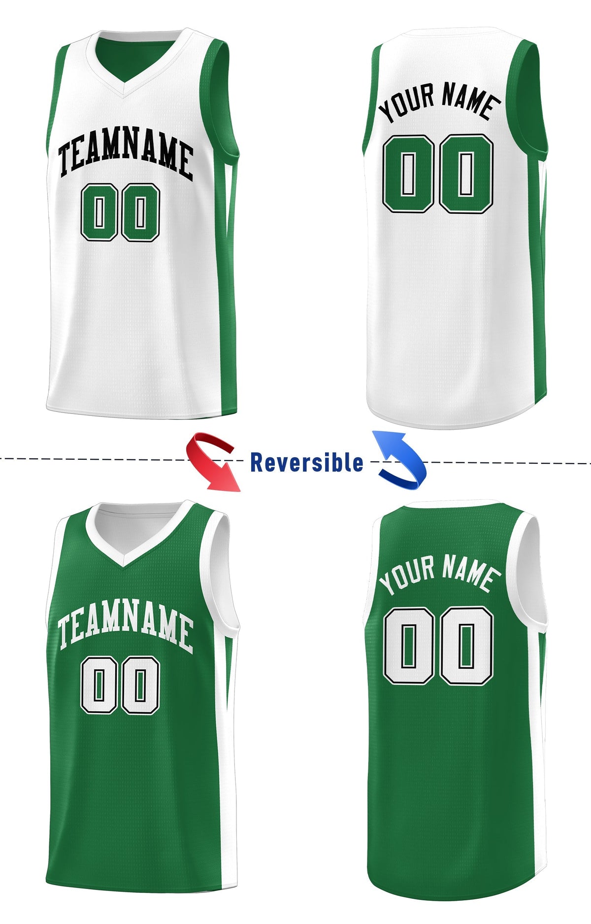 Custom Green White Double Side Tops Athletic Basketball Jersey