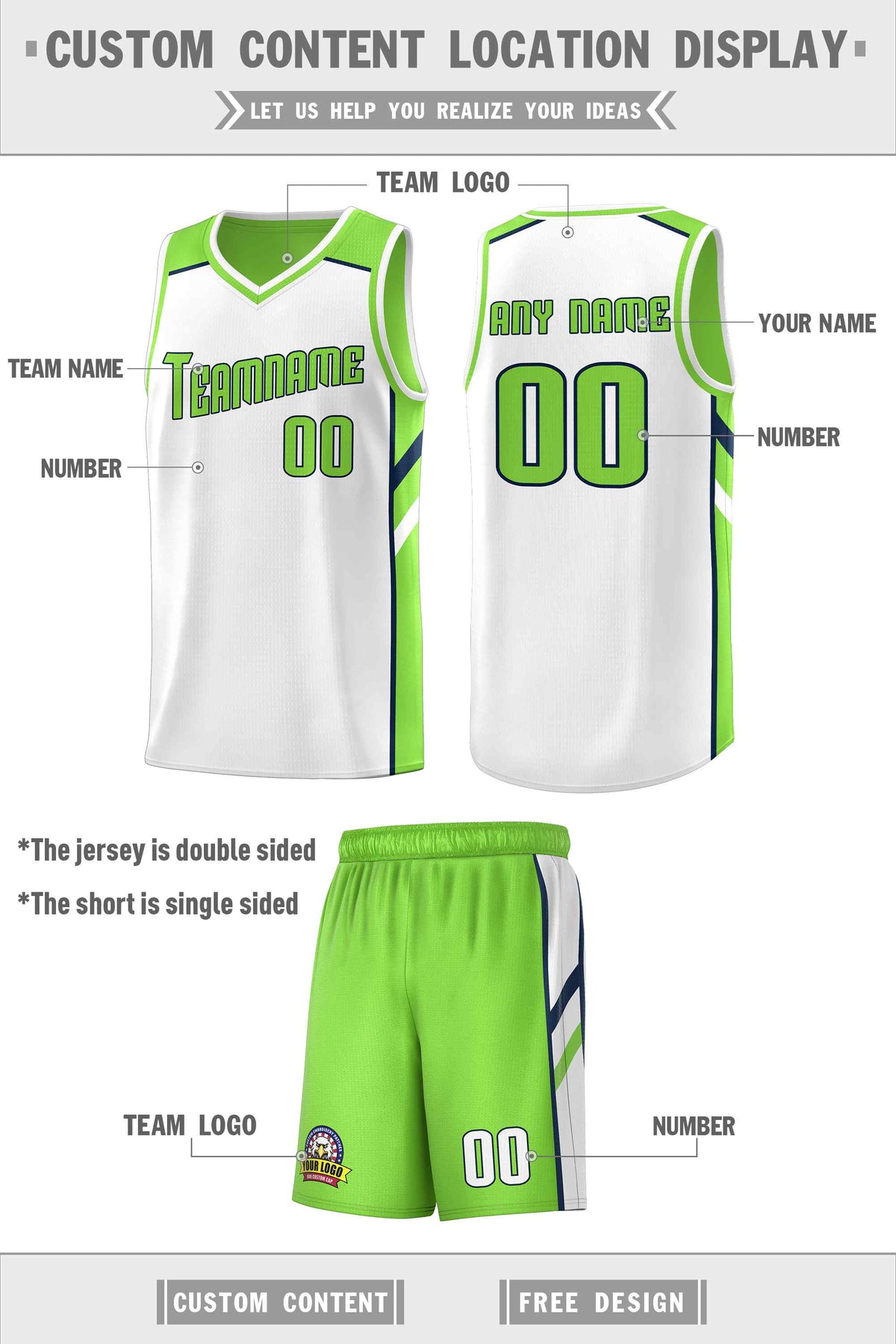 Custom Neon Green White Double Side Sets Men Basketball Jersey