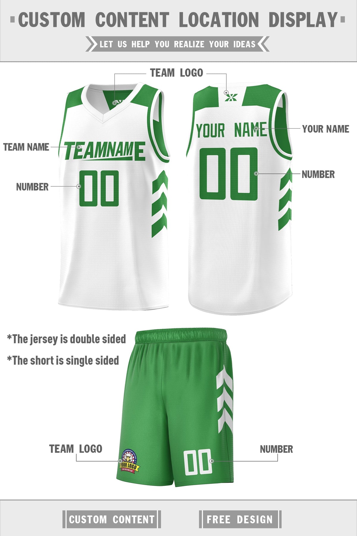 Custom White Green Double Side Sets Men Basketball Jersey