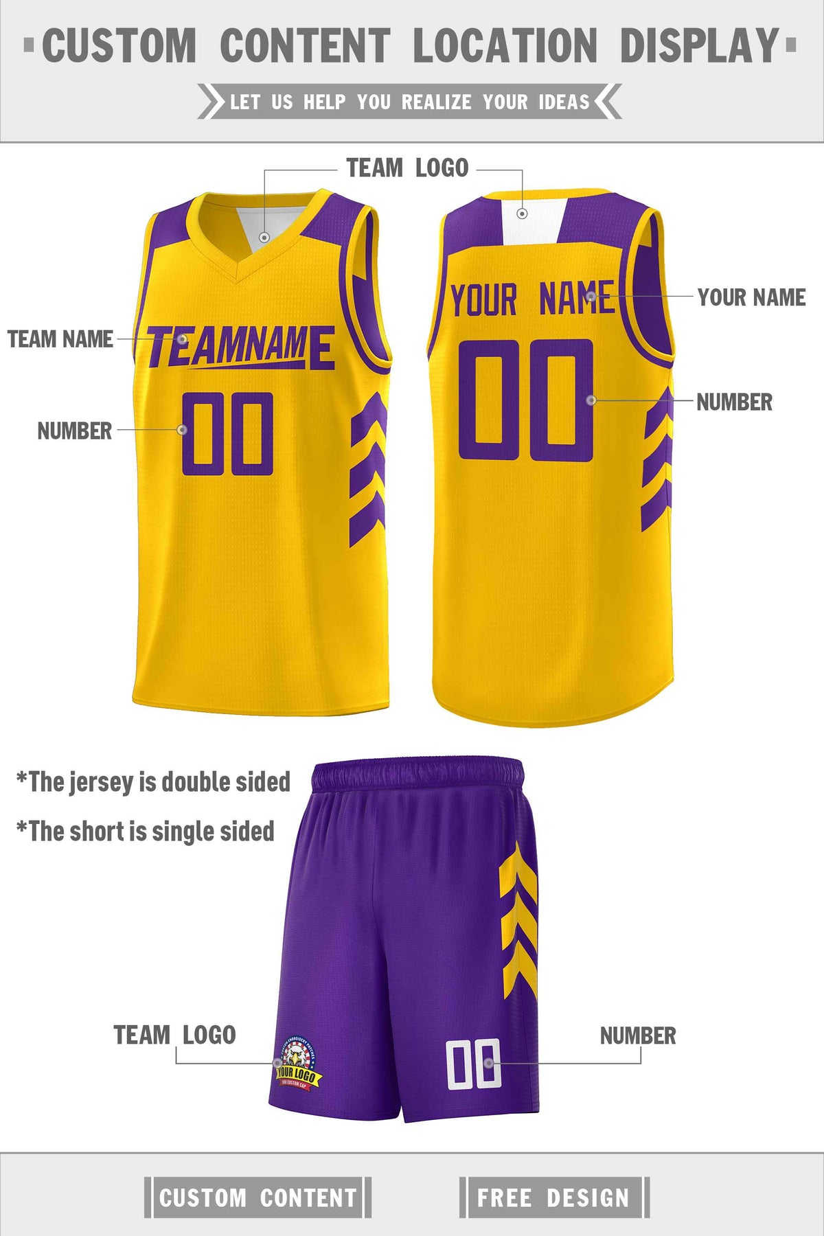 Custom Purple Yellow Double Side Sets Personalized Basketball Jersey