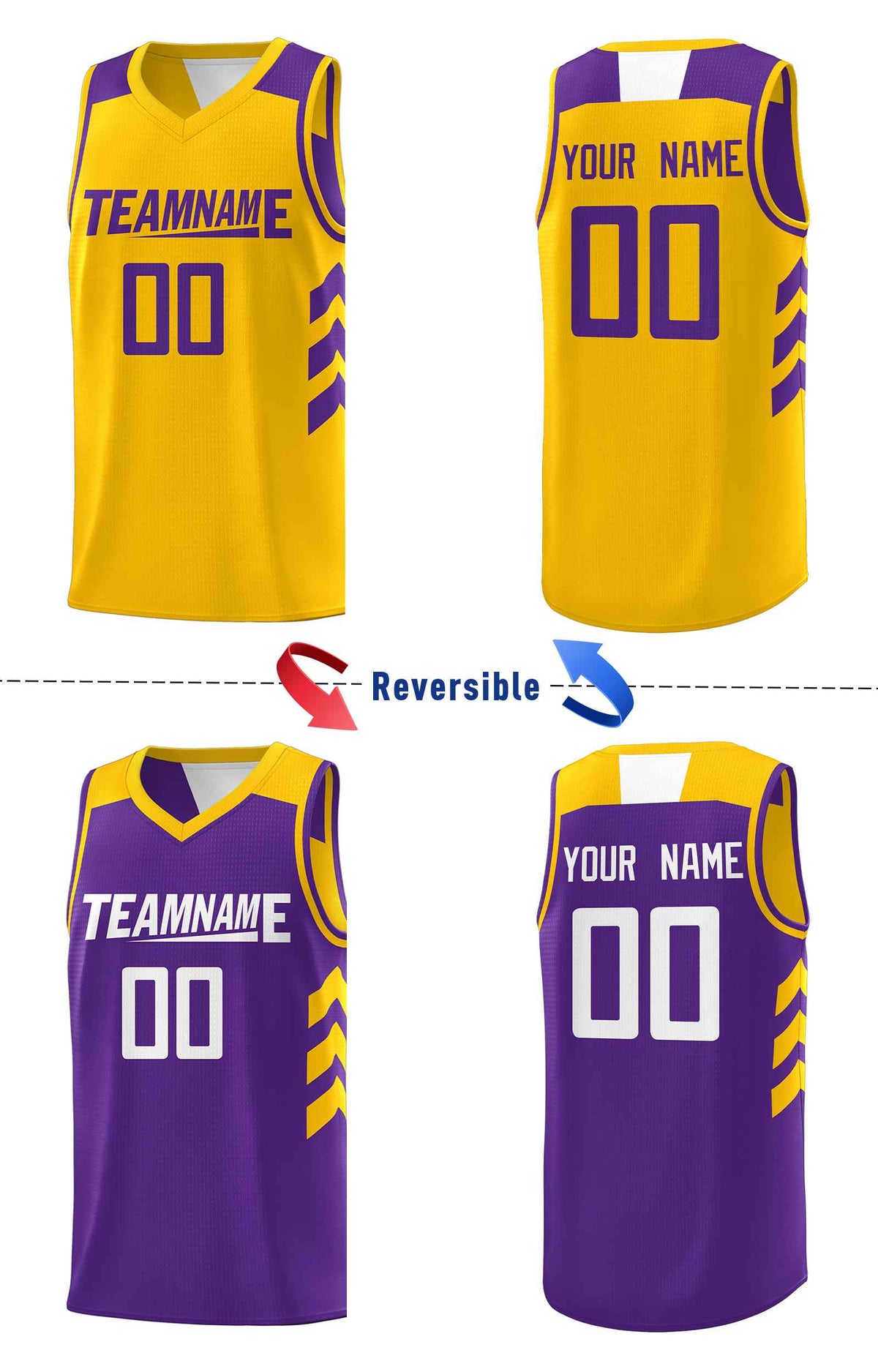 Custom Purple Yellow Double Side Sets Personalized Basketball Jersey