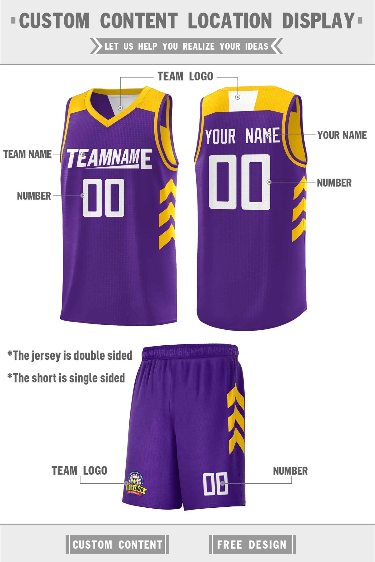 Custom Purple Yellow Double Side Sets Personalized Basketball Jersey