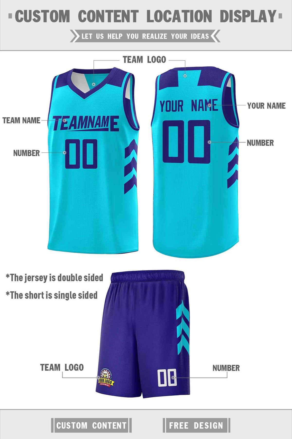 Custom Purple Aqua Double Side Sets Personalized Basketball Jersey