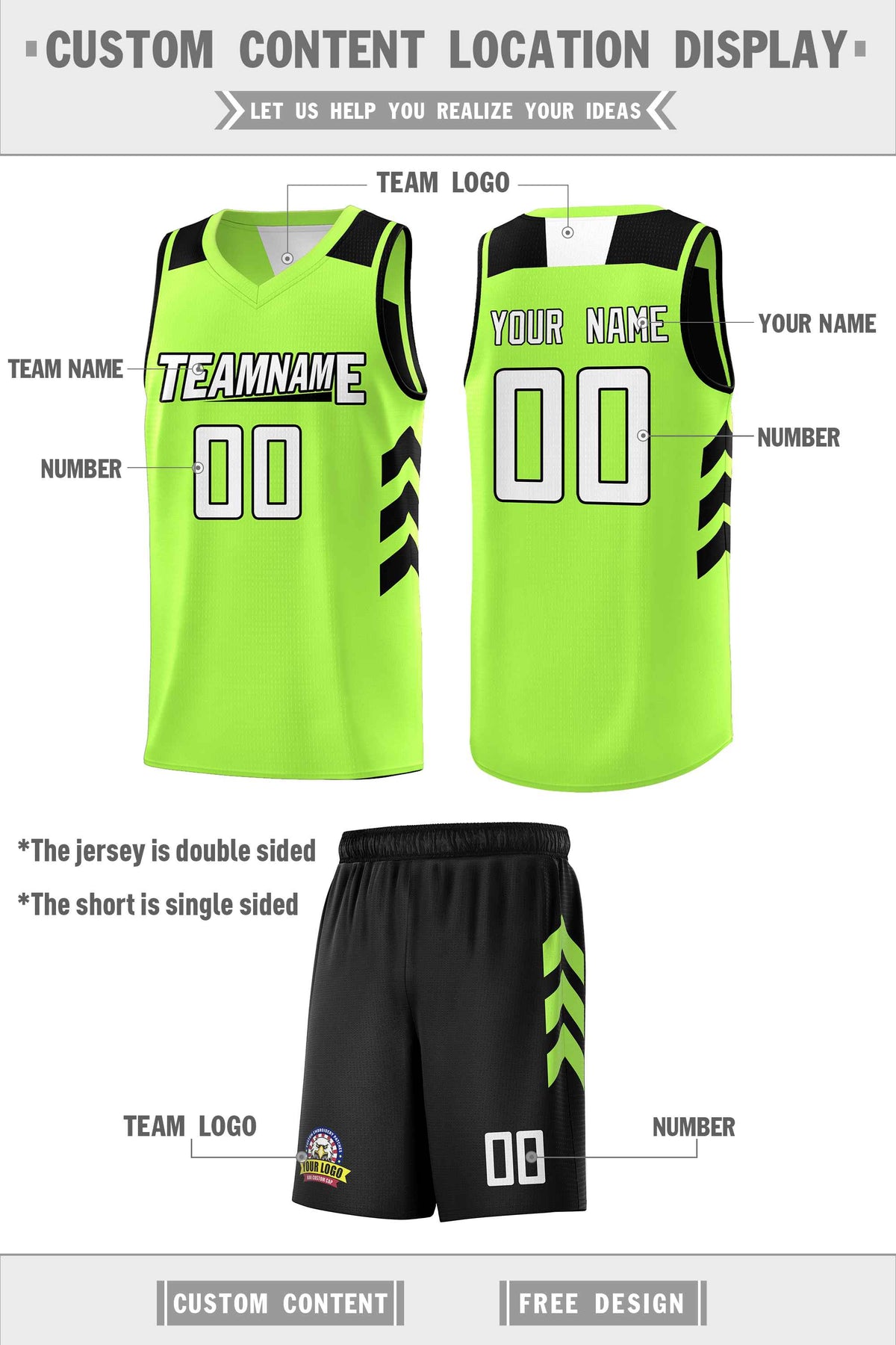 Custom Black Neon Green-White Double Side Sets Personalized Basketball Jersey