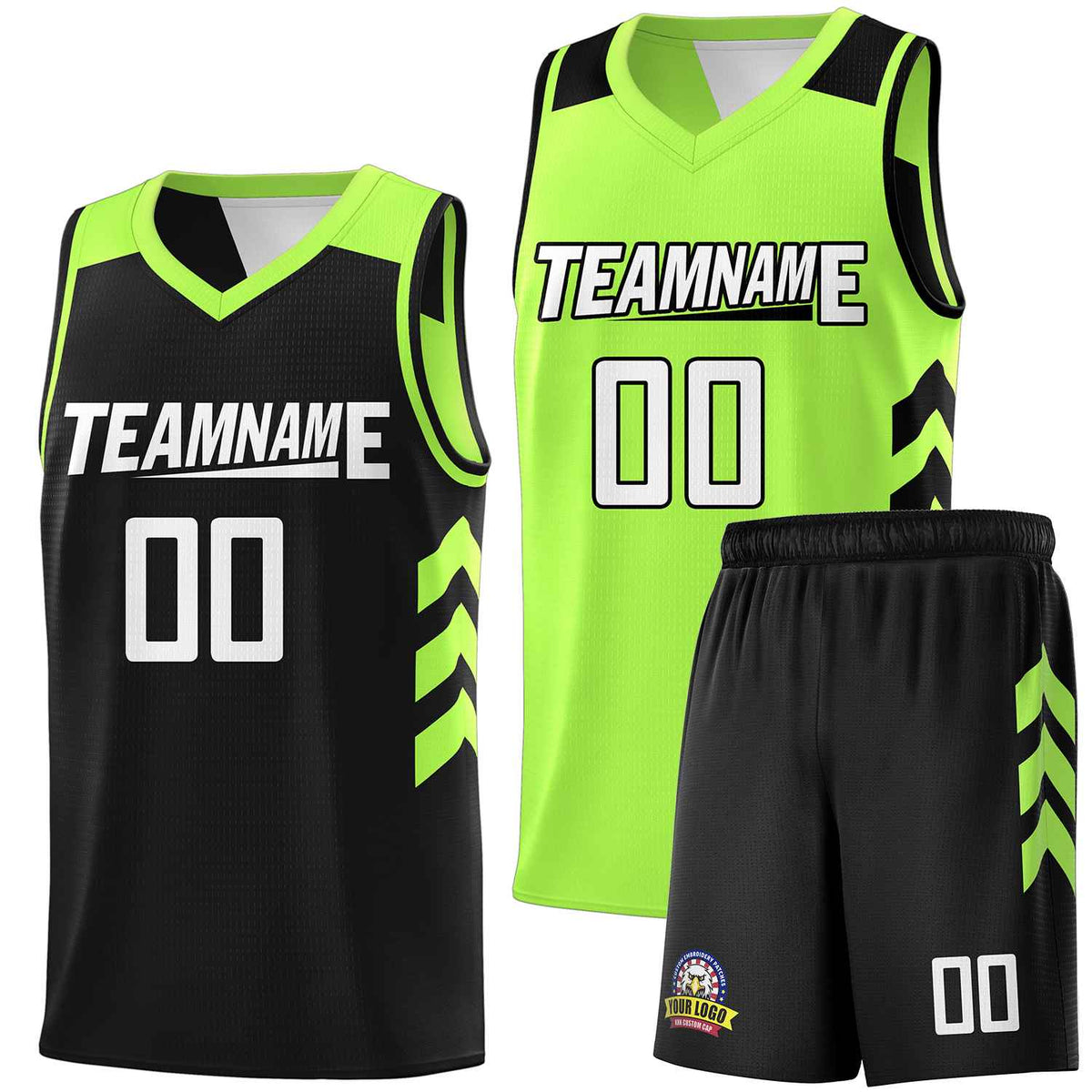 Custom Black Neon Green-White Double Side Sets Personalized Basketball Jersey