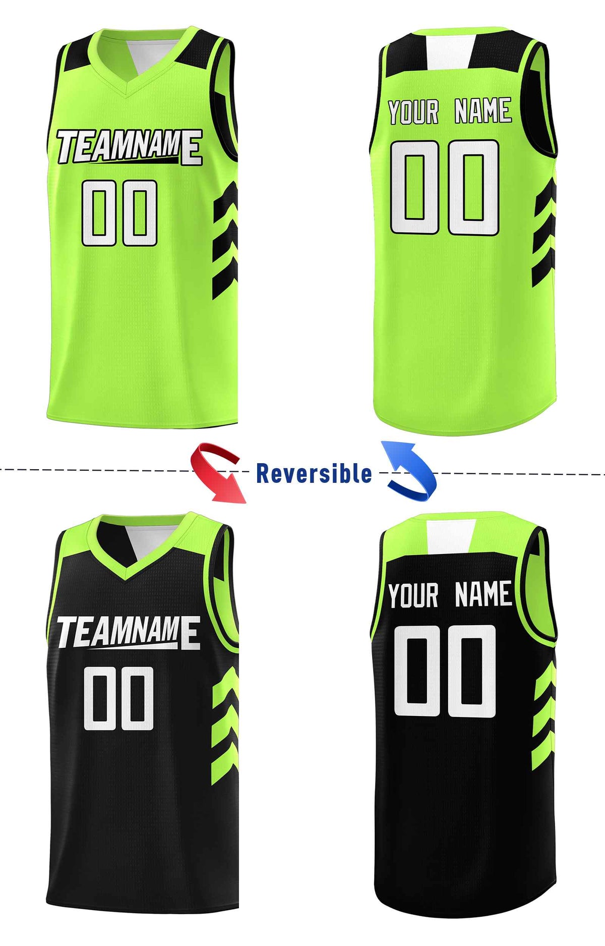 Custom Black Neon Green-White Double Side Sets Personalized Basketball Jersey