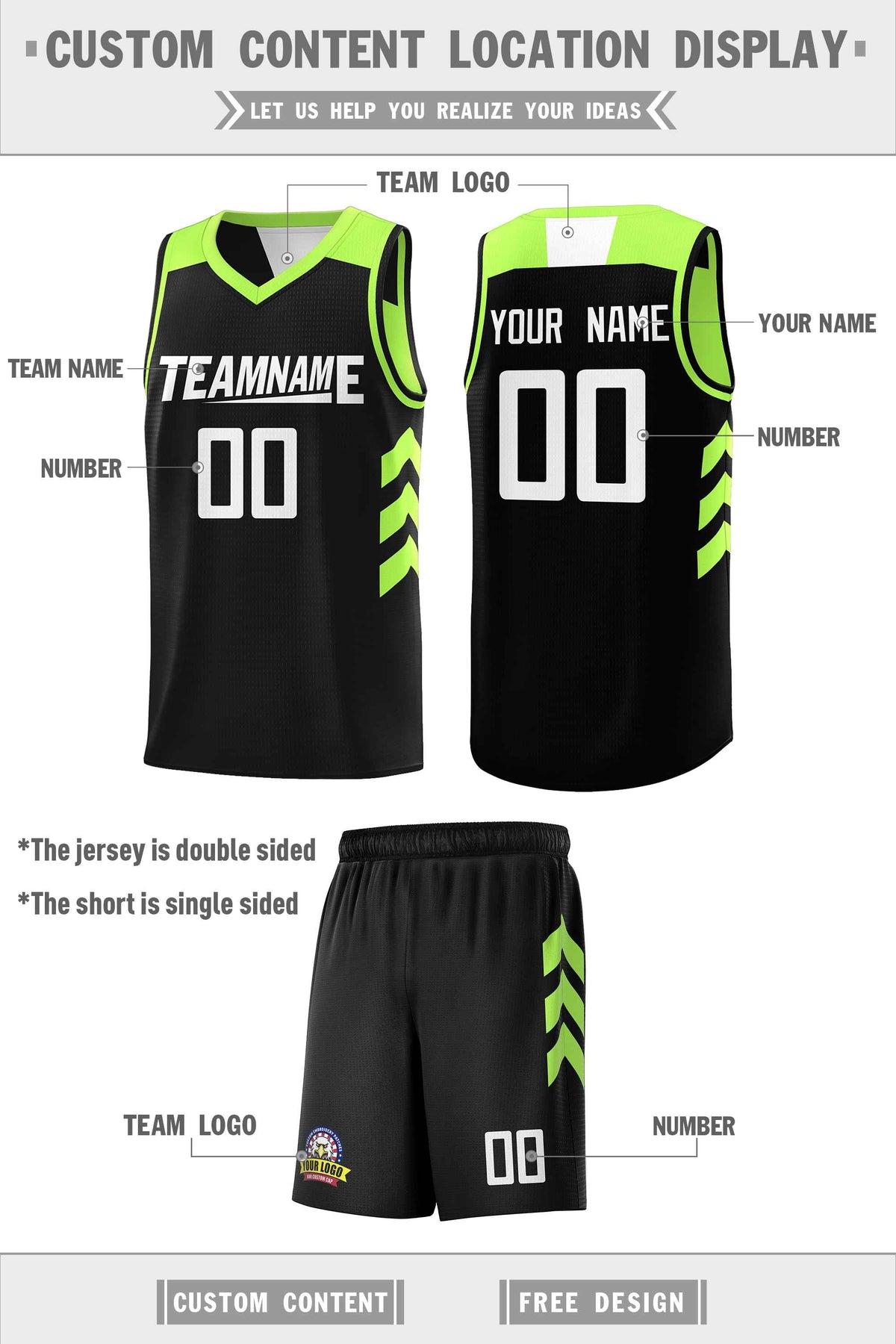 Custom Black Neon Green-White Double Side Sets Personalized Basketball Jersey