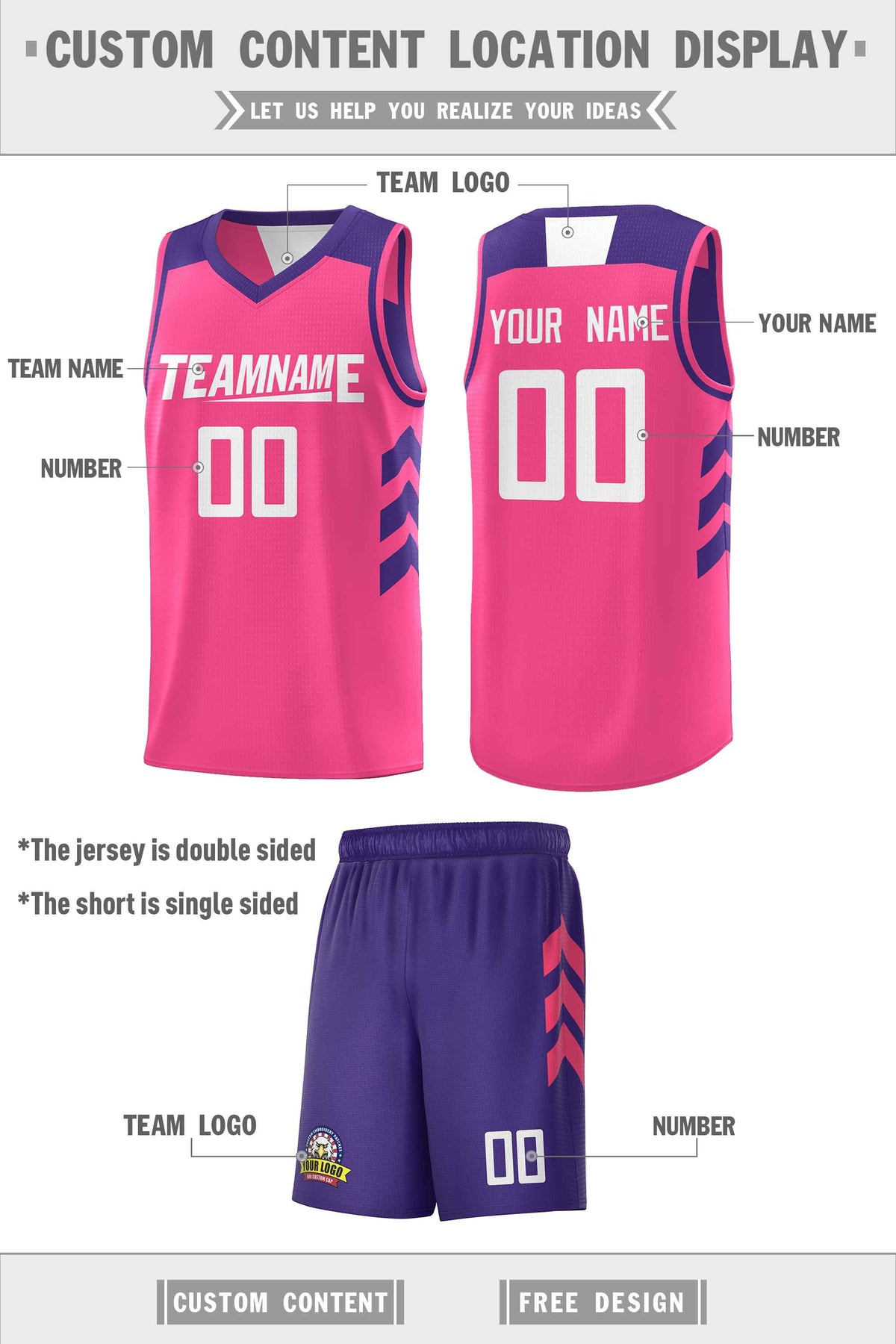Custom Pink Purple-White Double Side Sets Personalized Basketball Jersey