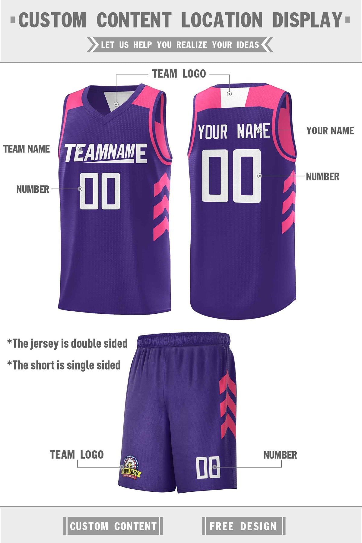 Custom Pink Purple-White Double Side Sets Personalized Basketball Jersey