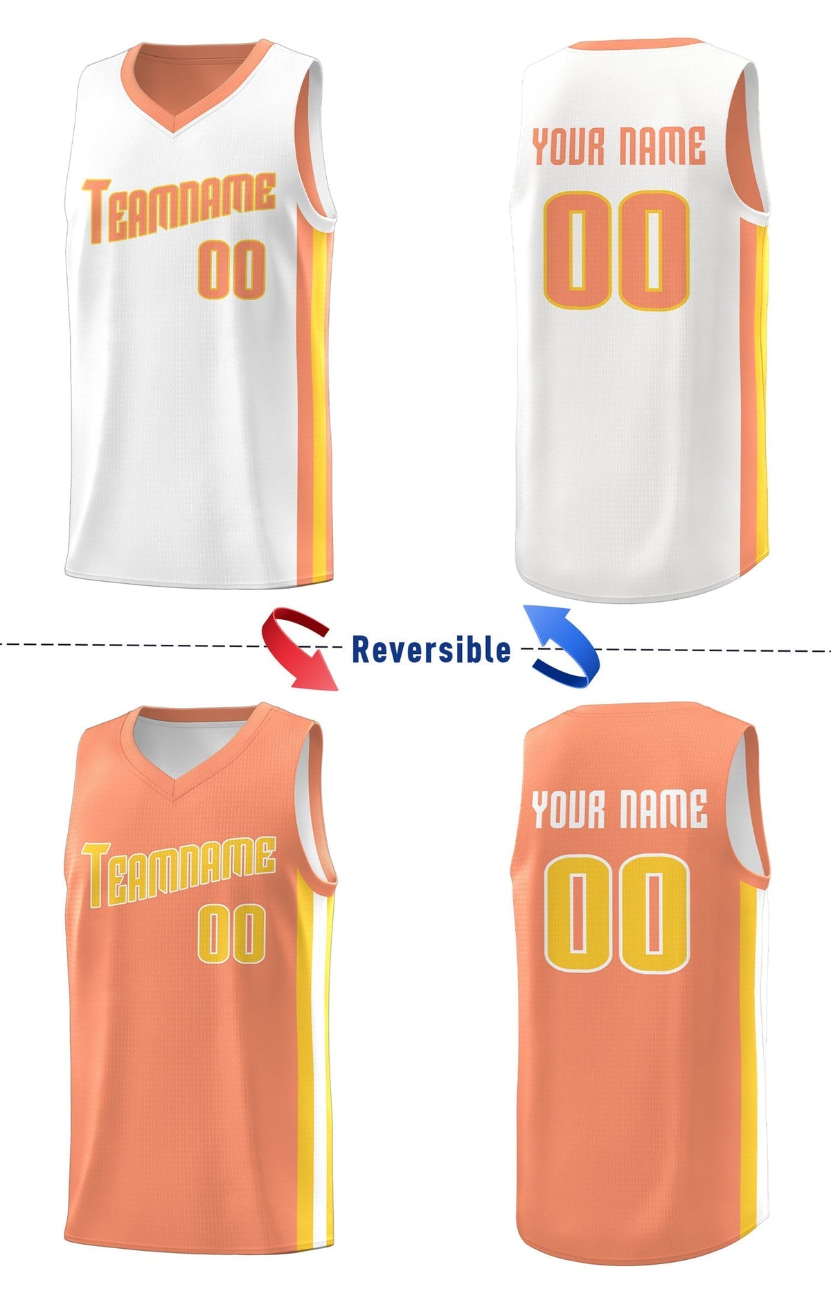 Custom White Orange Double Side Tops Basketball Jersey
