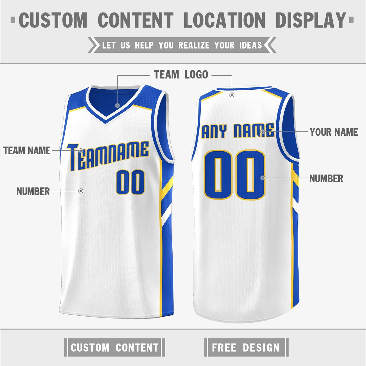 Custom Royal White-Yellow Double Side Tops Fashion Basketball Jersey